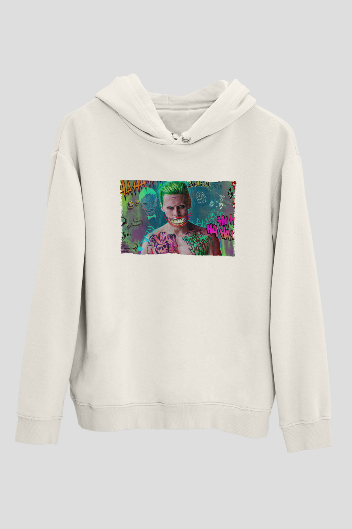 Unisex Jared Leto Joker Fanart Baskılı Beyaz Kapüşonlu Sweatshirt