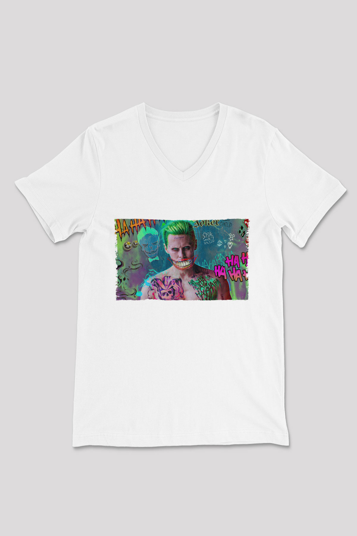 Unisex Jared Leto Joker Fanart Baskılı Beyaz V Yaka Tişört