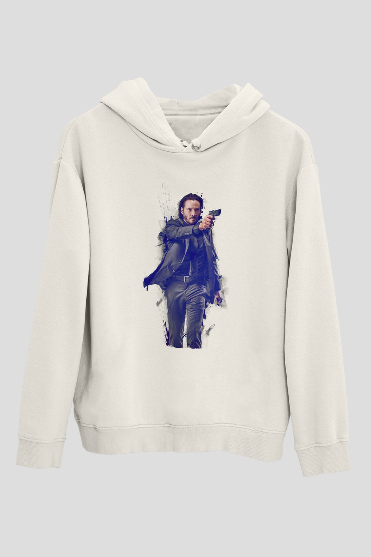 Unisex John Wick Baskılı Beyaz Kapüşonlu Sweatshirt