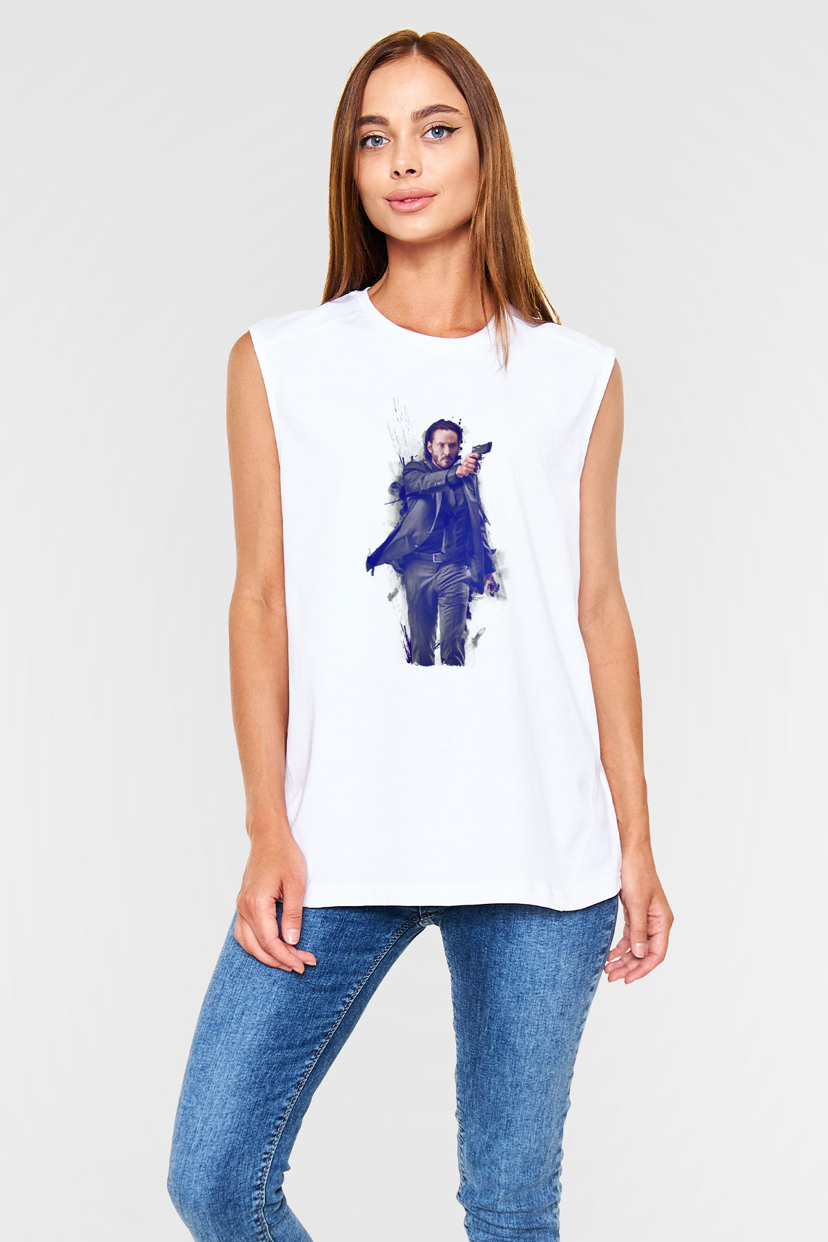 Unisex John Wick Baskılı Beyaz Kolsuz Tişört