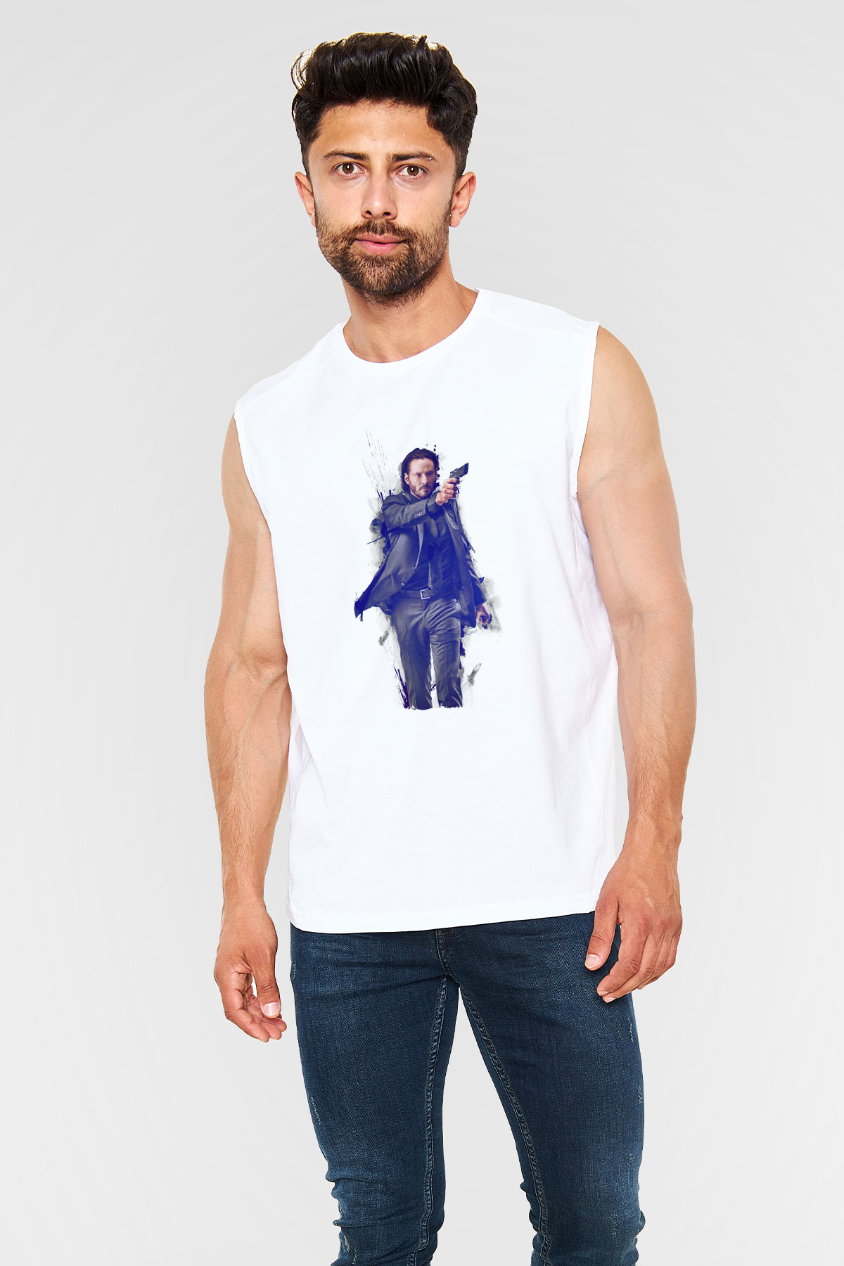 Unisex John Wick Baskılı Beyaz Kolsuz Tişört