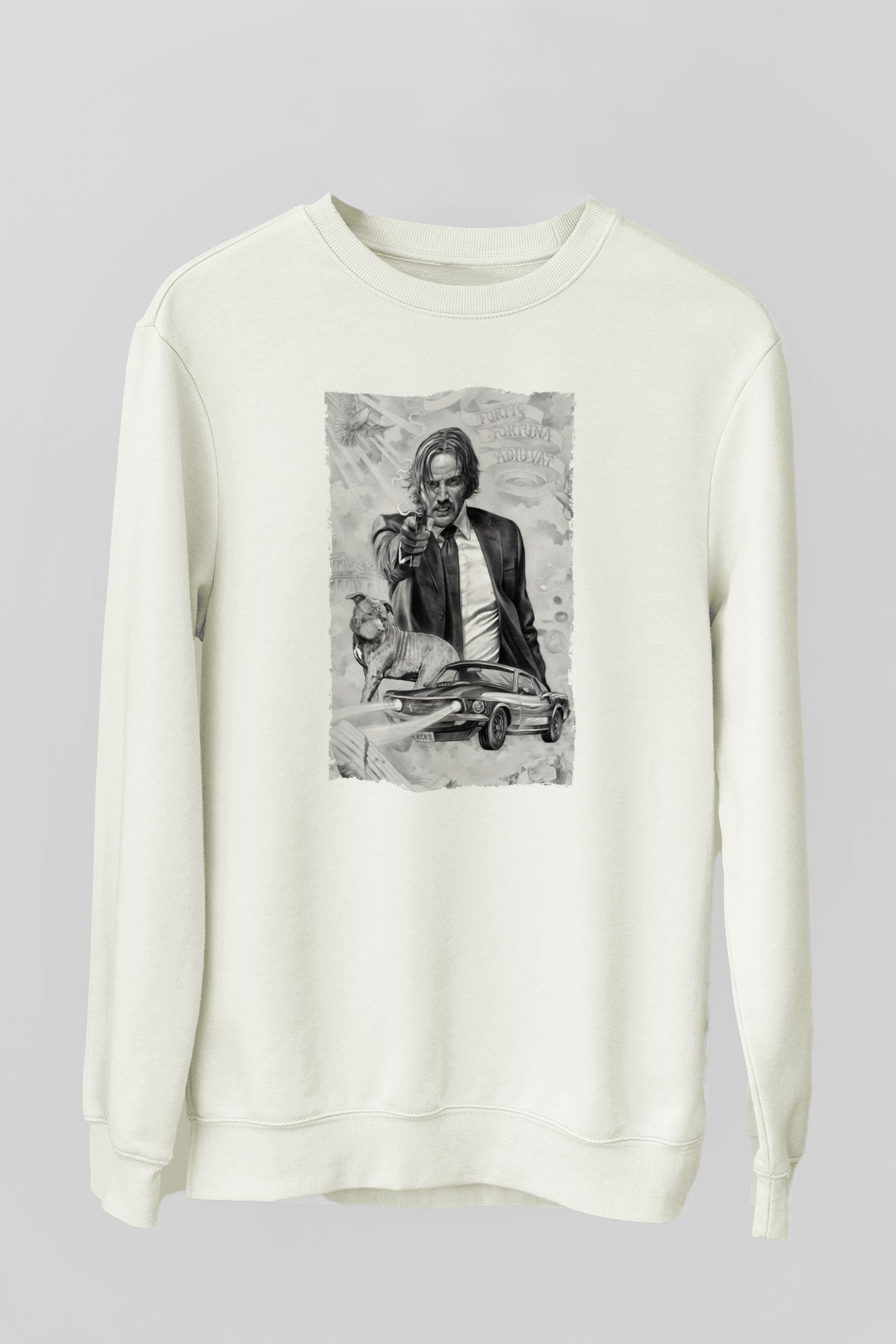 Unisex John Wick Baskılı Beyaz Sweatshirt