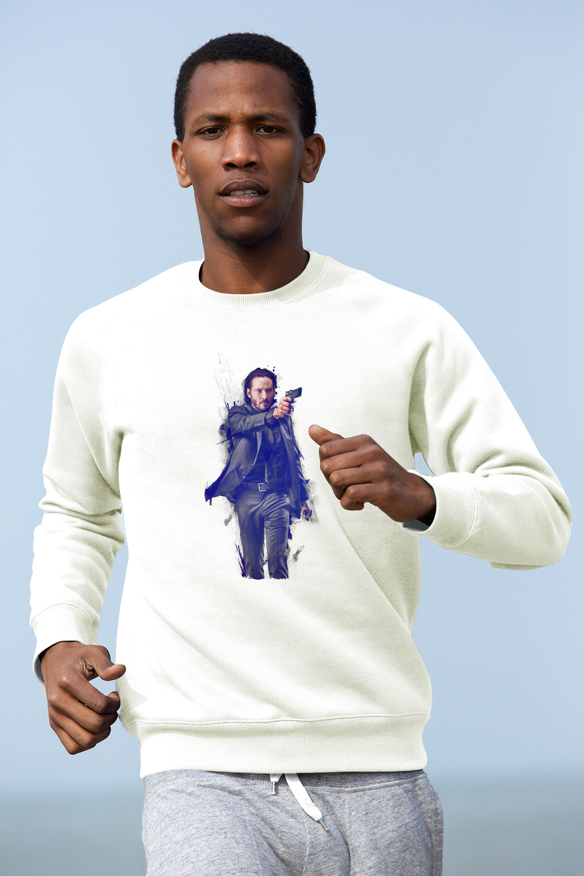 Unisex John Wick Baskılı Beyaz Sweatshirt