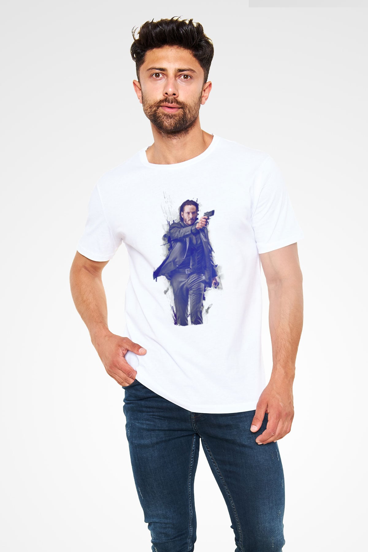 Unisex John Wick Baskılı Beyaz Tişört