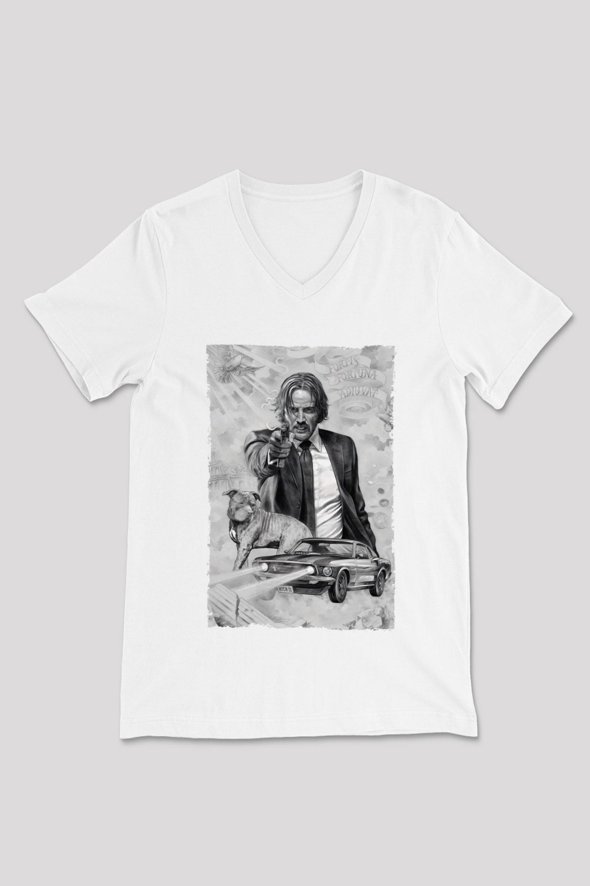 Unisex John Wick Baskılı Beyaz V Yaka Tshirt