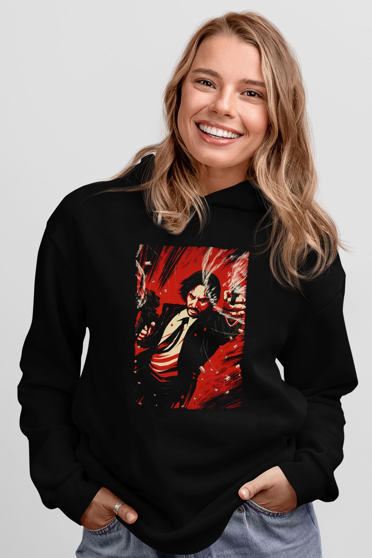 Unisex John Wick Baskılı Siyah Kapüşonlu Sweatshirt