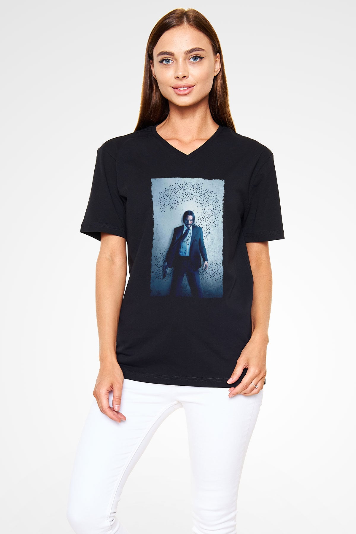 Unisex John Wick Baskılı Siyah Unisex V Yaka T-shirt