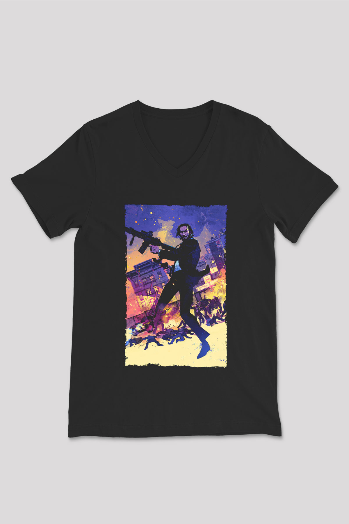 Unisex John Wick Baskılı Siyah Unisex V Yaka Tişört