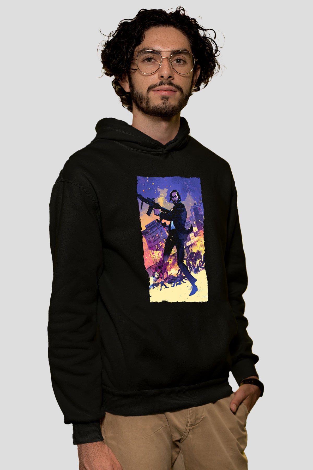Unisex John Wick Baskılı Siyah Unisex Kapüşonlu Sweatshirt