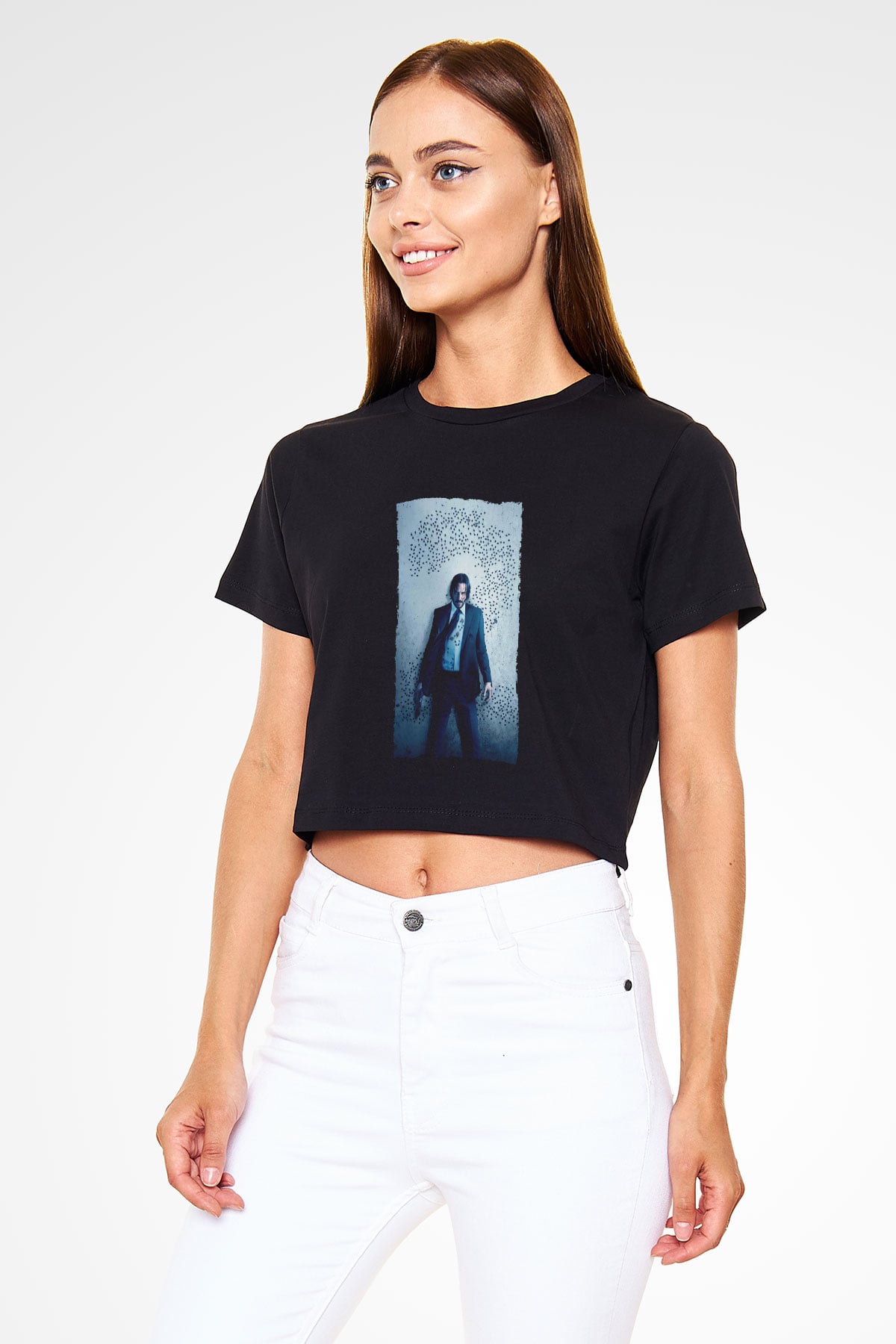 Unisex John Wick Baskılı Siyah Unisex Crop Top T-shirt