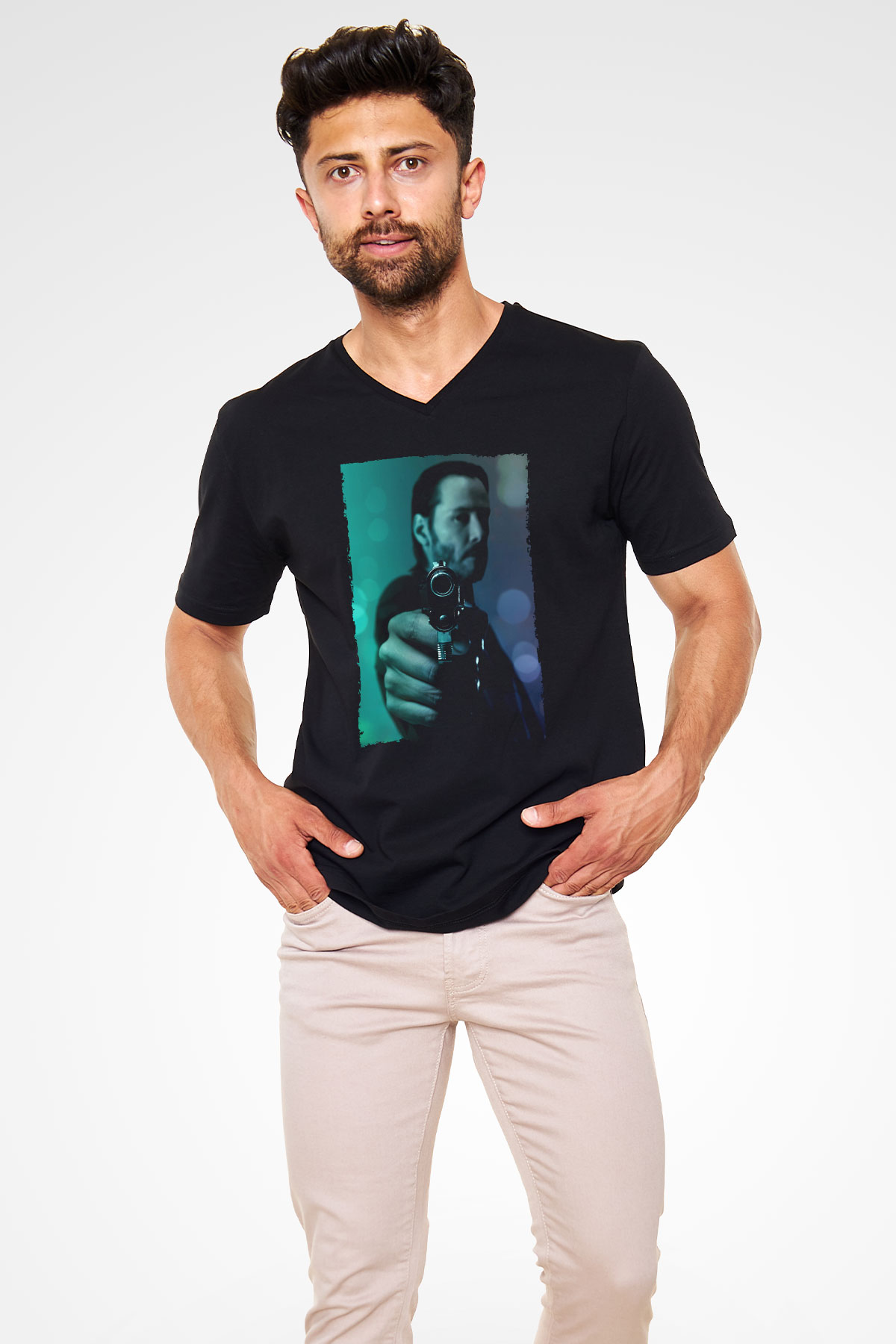 Unisex John Wick Baskılı Siyah V Yaka Tshirt