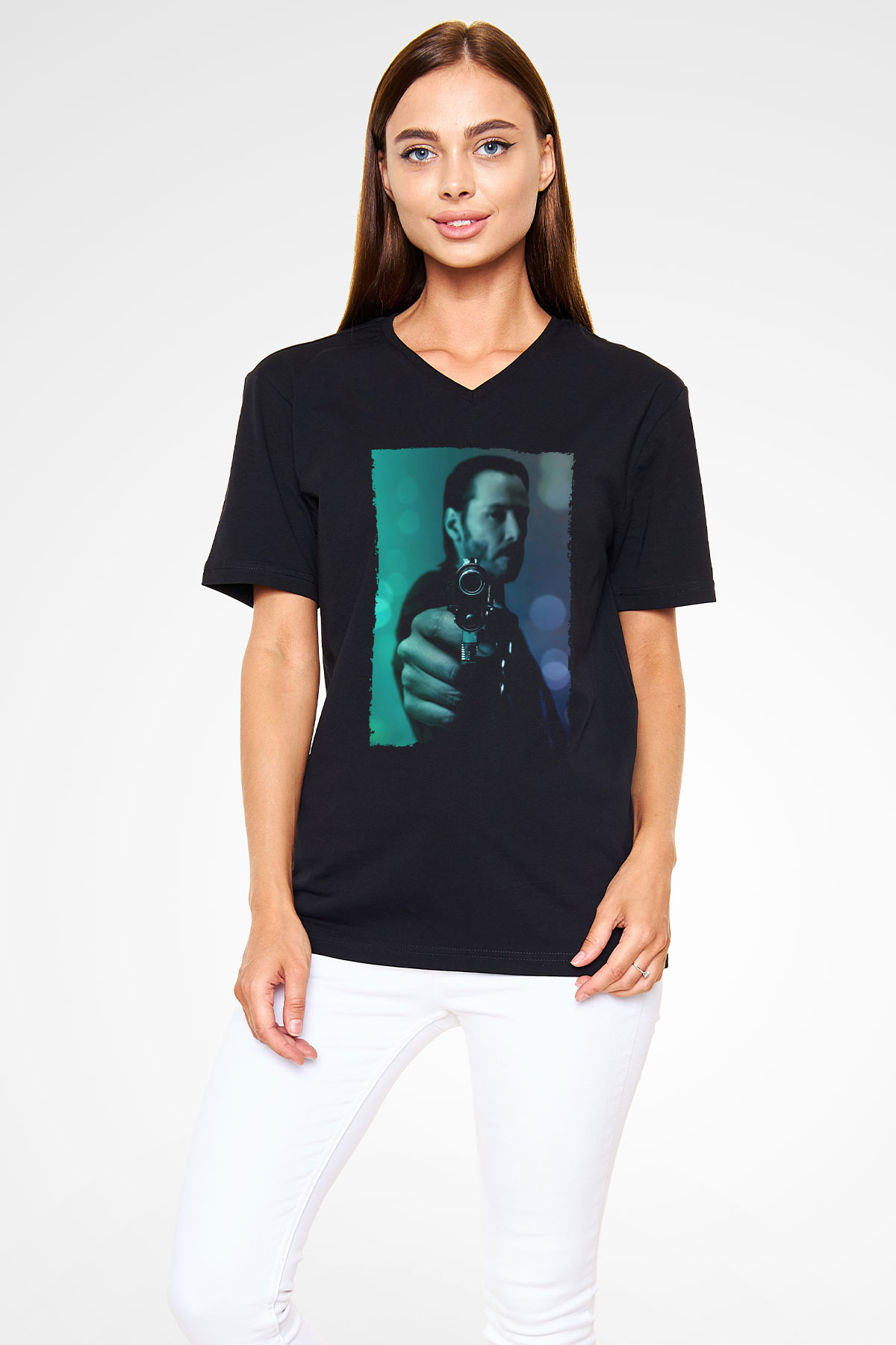 Unisex John Wick Baskılı Siyah V Yaka Tshirt
