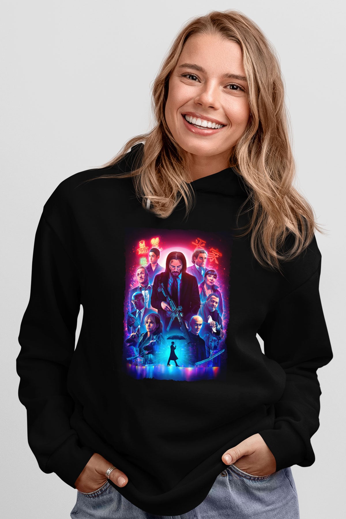 Unisex John Wick Serisi (John Wick) Baskılı Siyah Kapüşonlu Sweatshirt