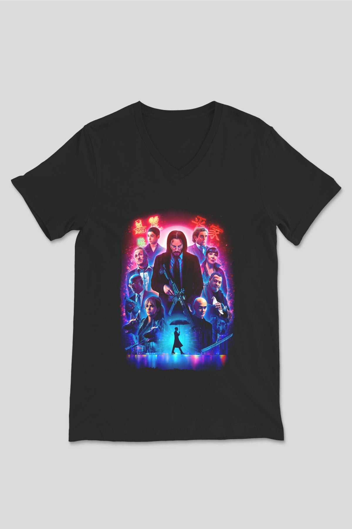Unisex John Wick Serisi (John Wick) Baskılı Siyah V Yaka Tshirt