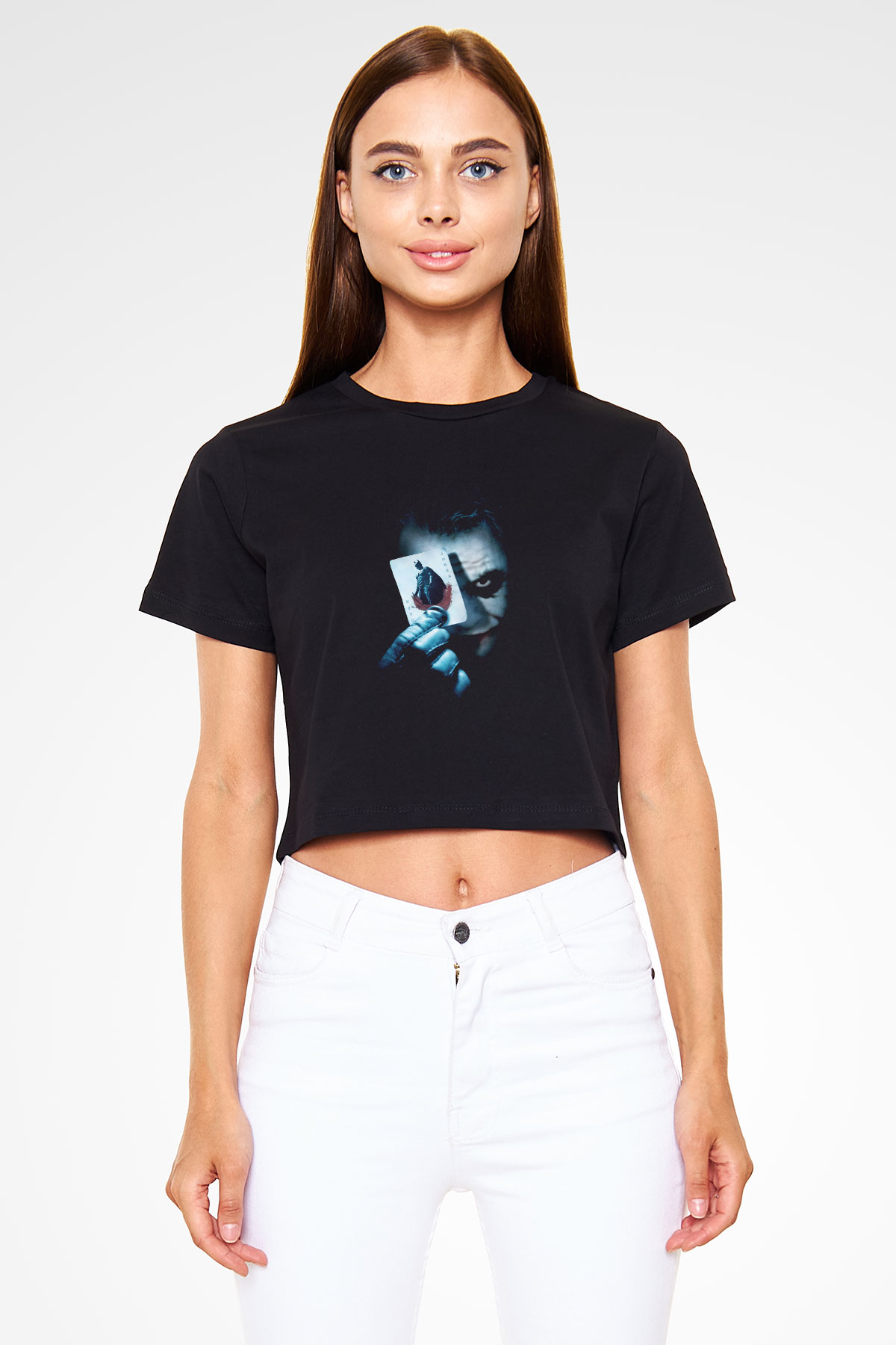 Unisex Joker Baskılı Siyah Unisex Crop Top T-shirt