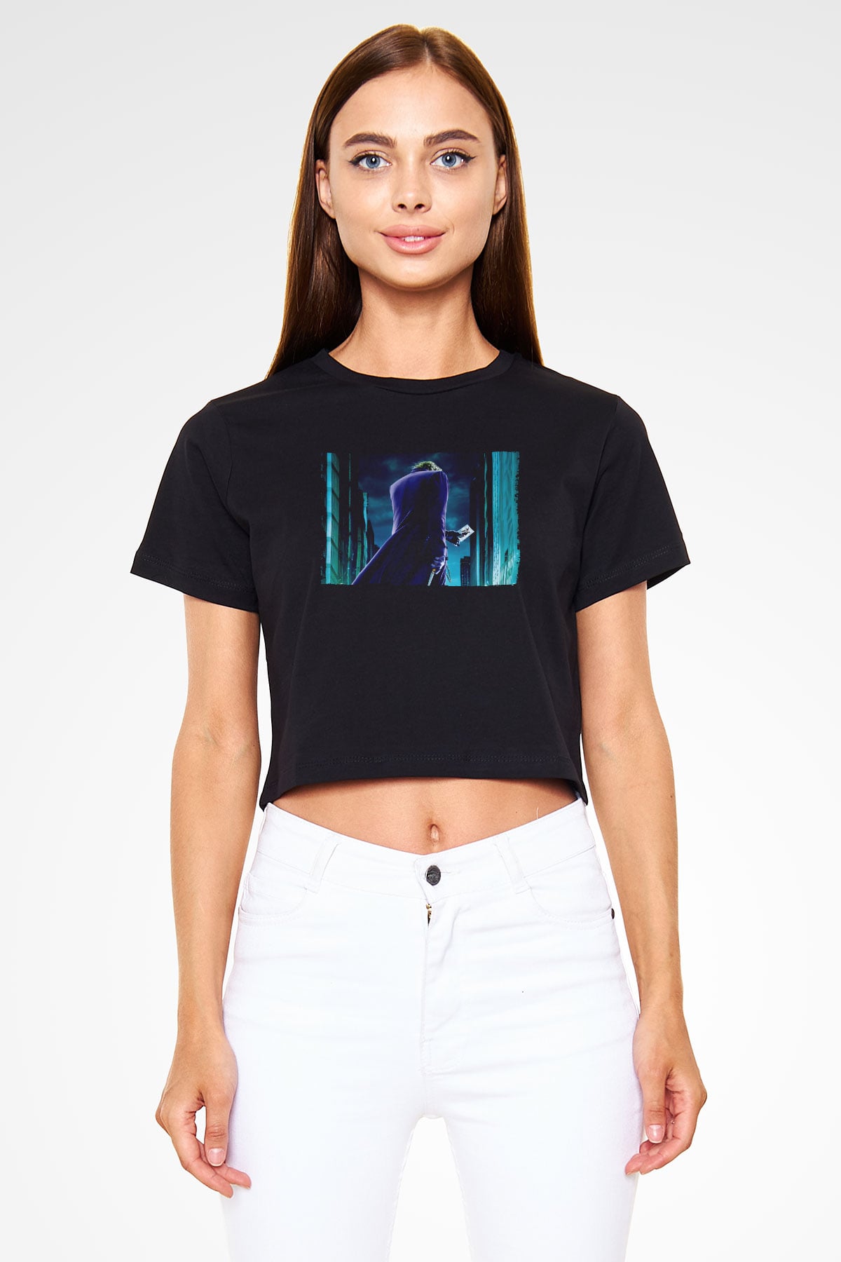 Unisex Joker Baskılı Siyah Unisex Crop Top Tişört