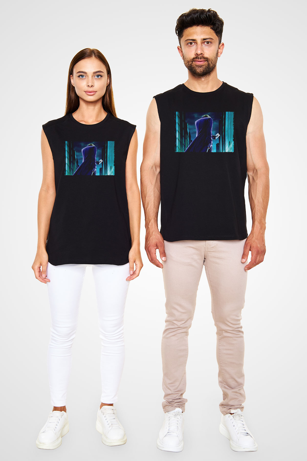 Unisex Joker Baskılı Siyah Unisex Kolsuz Tişört