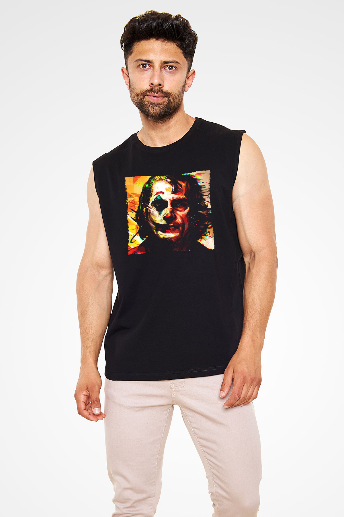 Unisex Joker Temalı Baskılı Siyah Kolsuz Tshirt