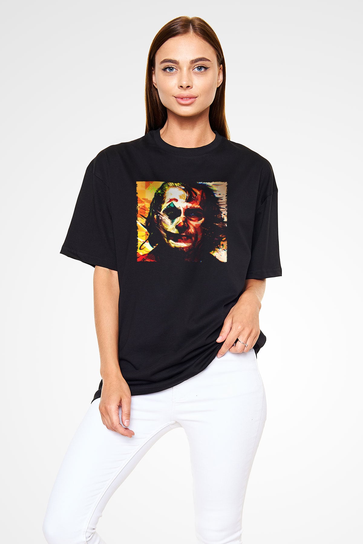 Unisex Joker Temalı Baskılı Siyah Oversize Tshirt