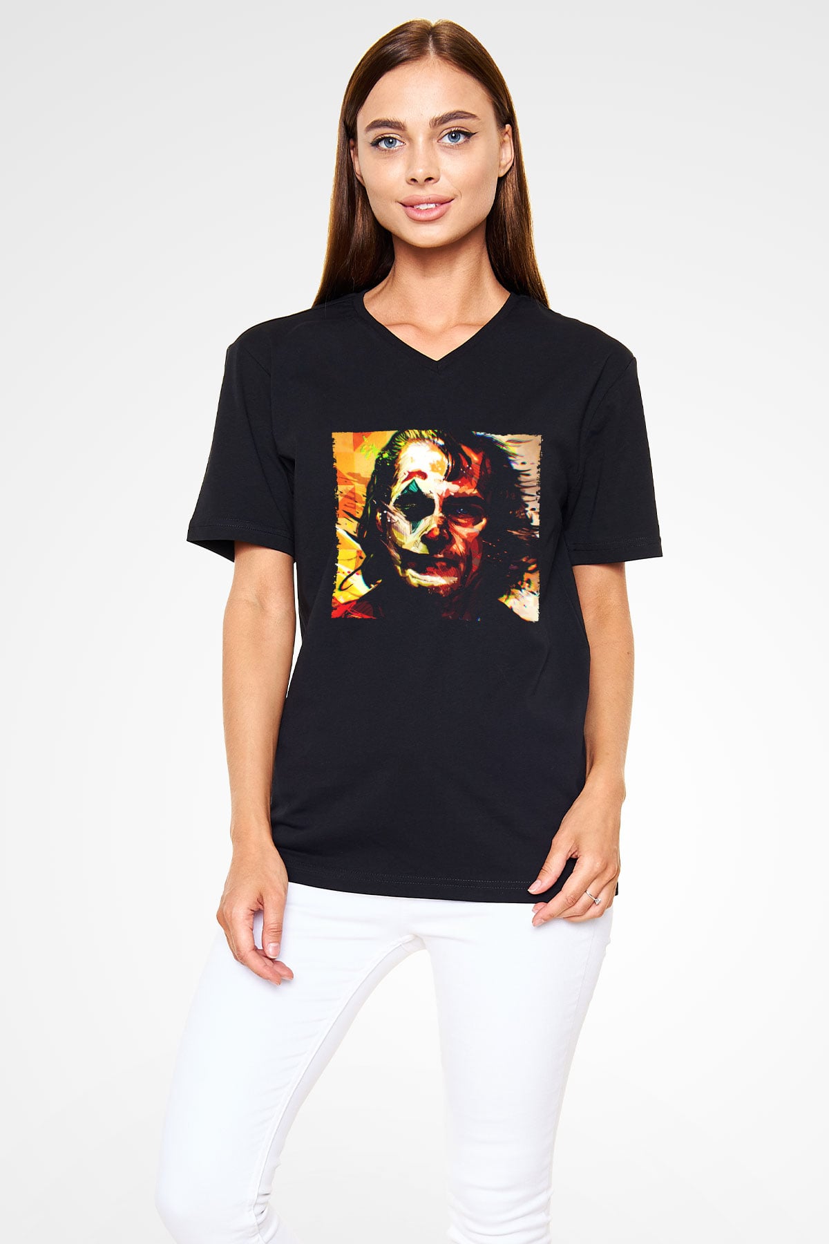 Unisex Joker Temalı Baskılı Siyah V Yaka Tshirt