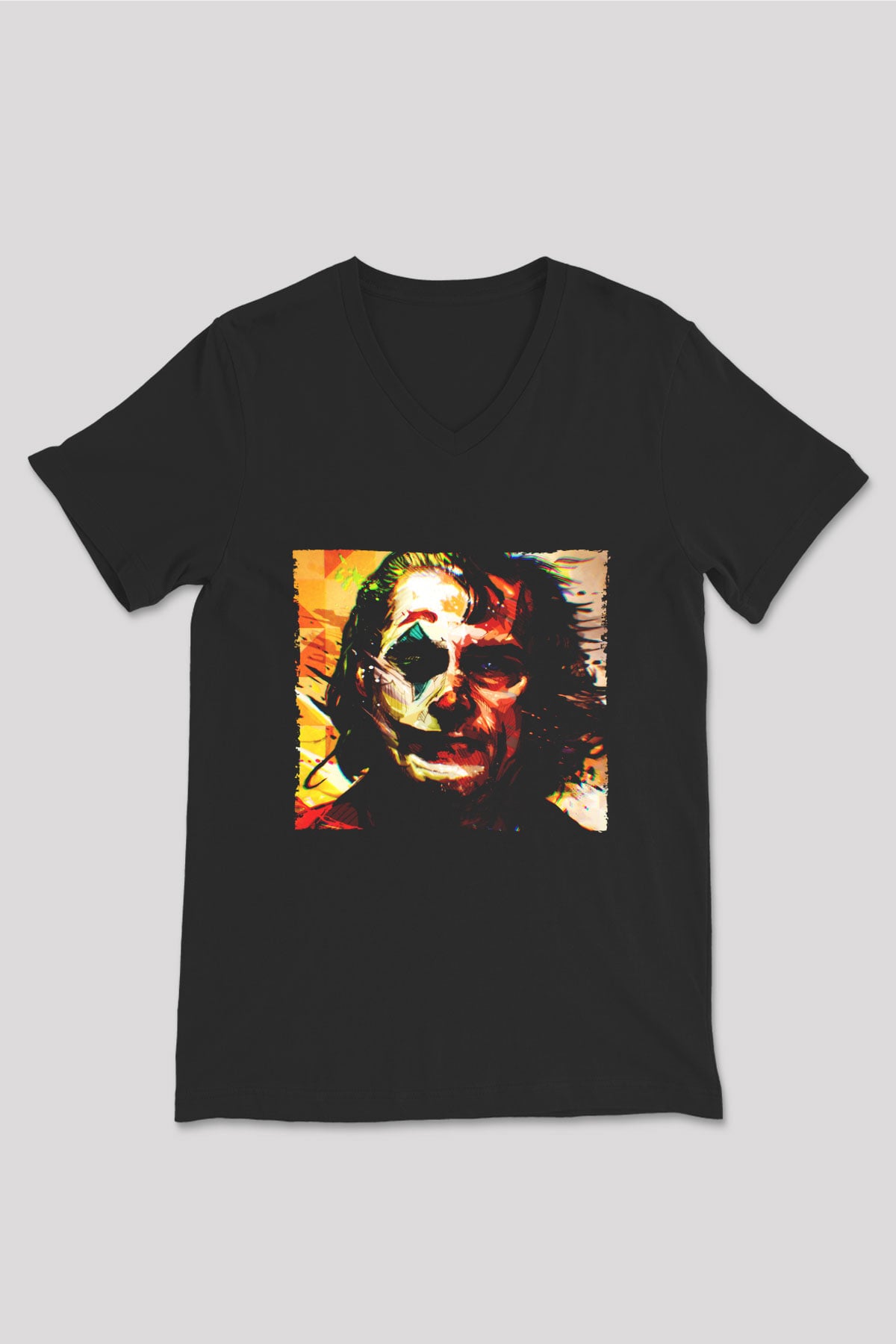 Unisex Joker Temalı Baskılı Siyah V Yaka Tshirt