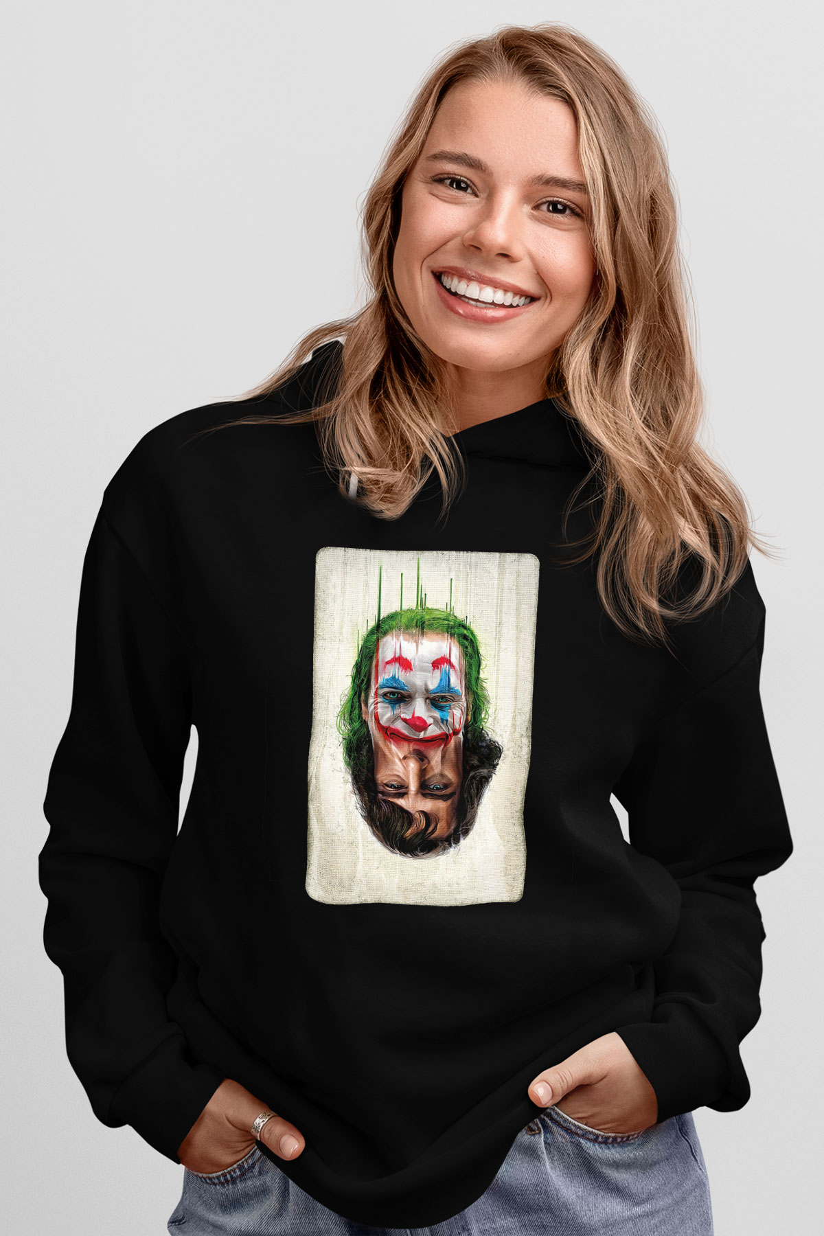 Unisex Joker Unisex Baskılı Siyah Kapüşonlu Sweatshirt