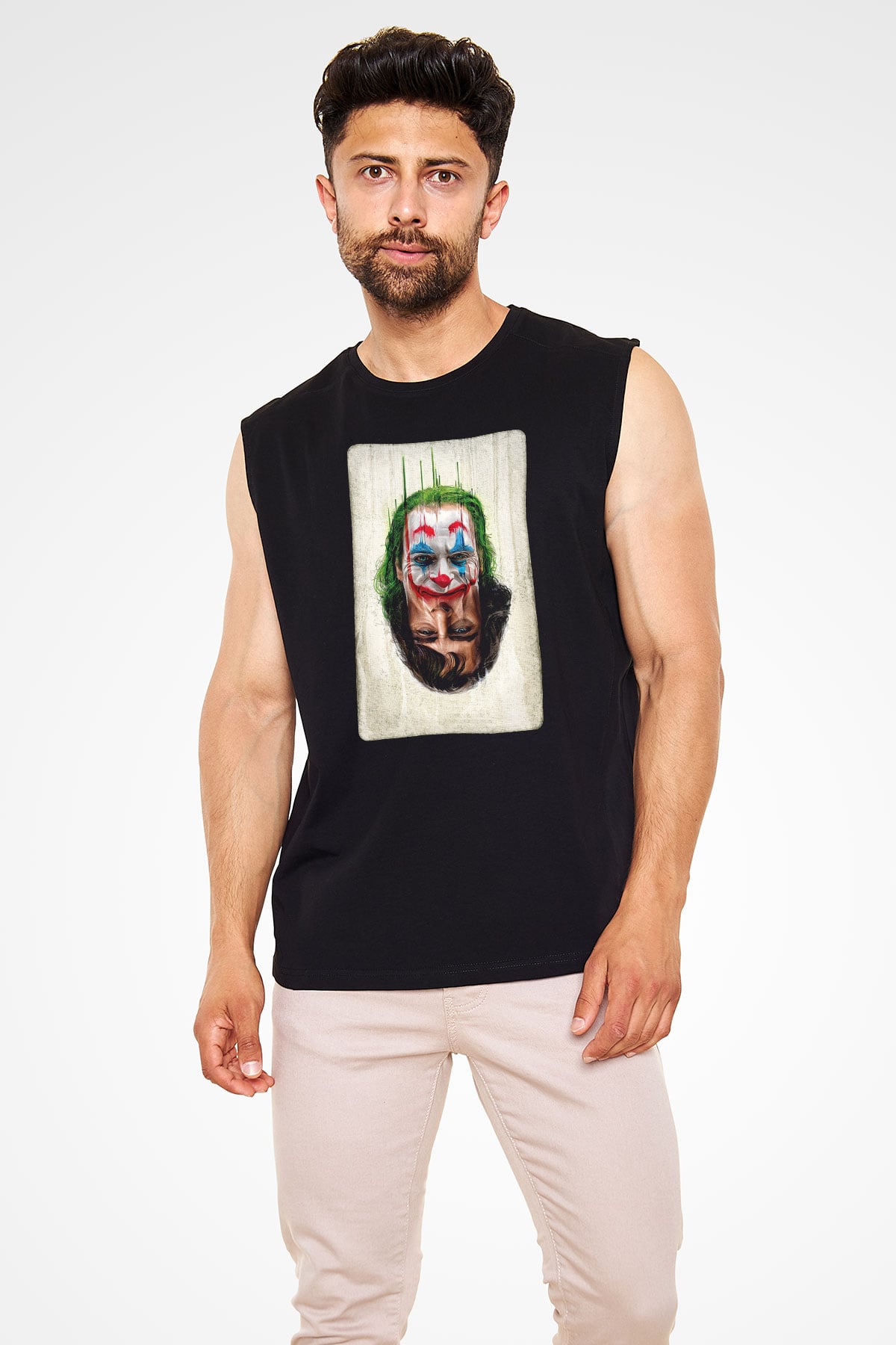 Unisex Joker Unisex Baskılı Siyah Kolsuz Tshirt