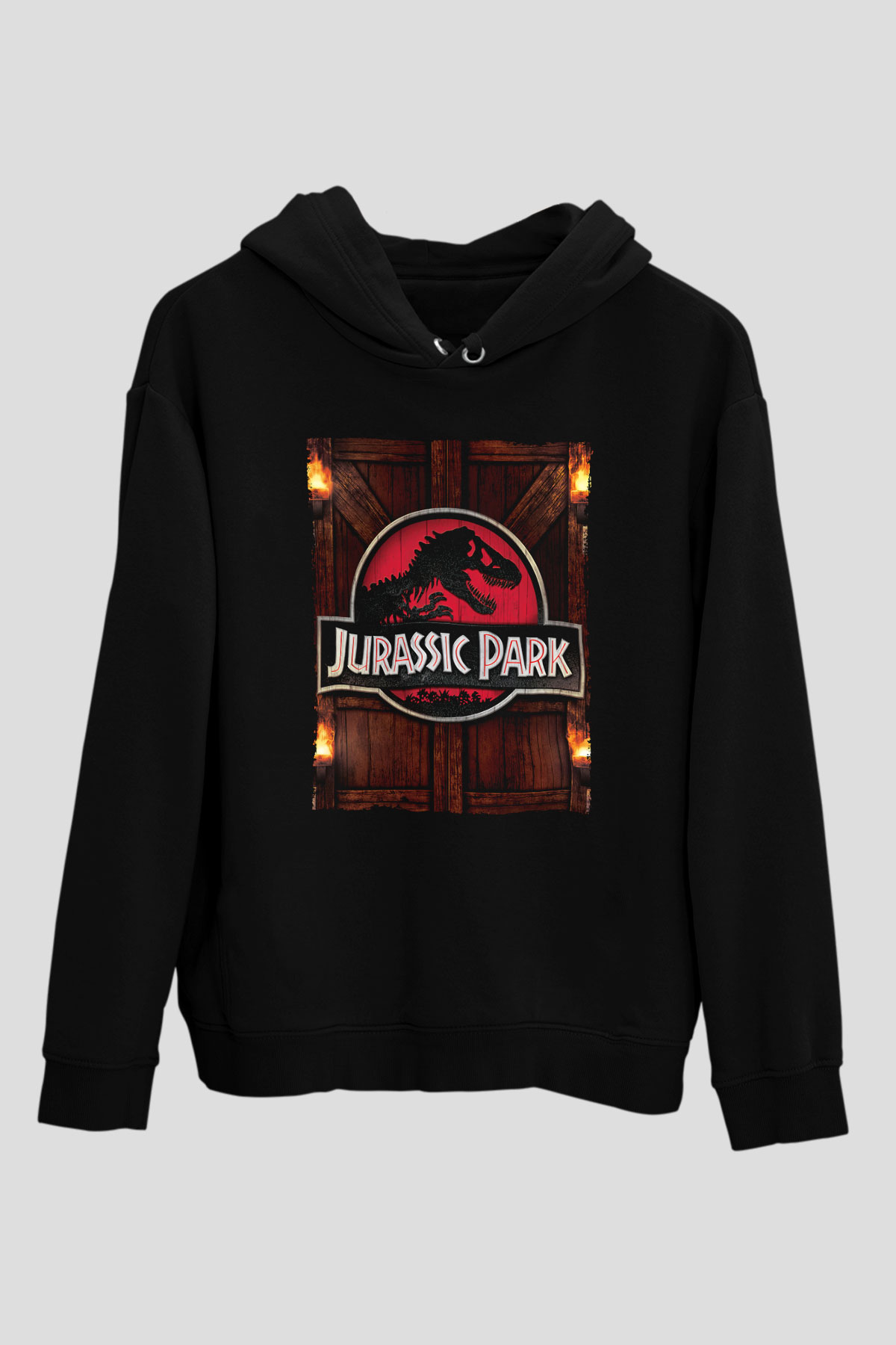 Unisex Jurassic Park Baskılı Siyah Kapüşonlu Sweatshirt