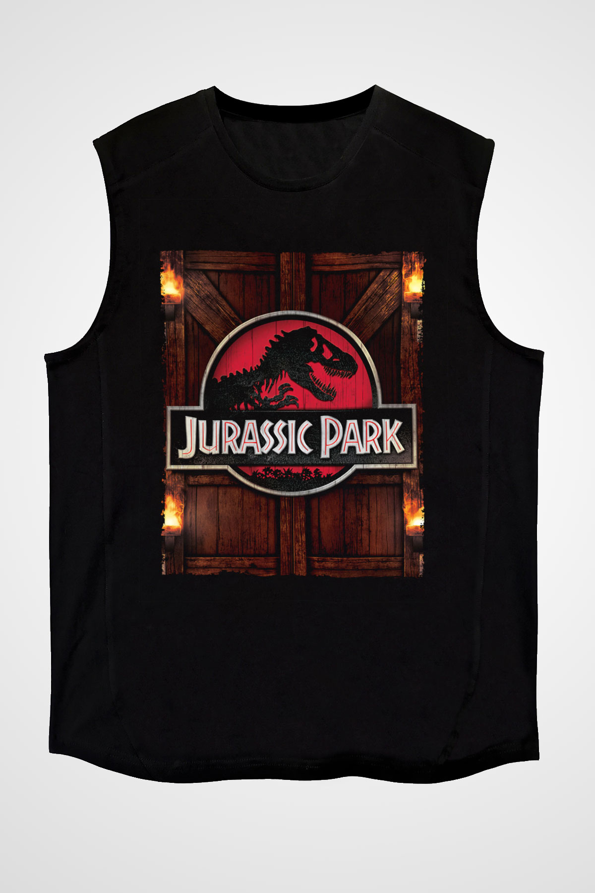 Unisex Jurassic Park Baskılı Siyah Kolsuz T-shirt