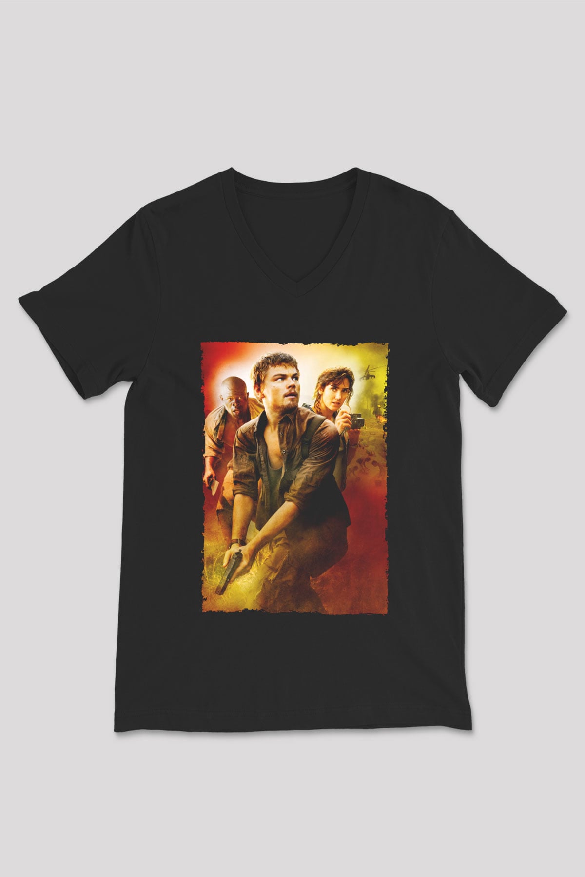 Unisex Kanlı Elmas (Blood Diamond) Baskılı Siyah V Yaka Tişört