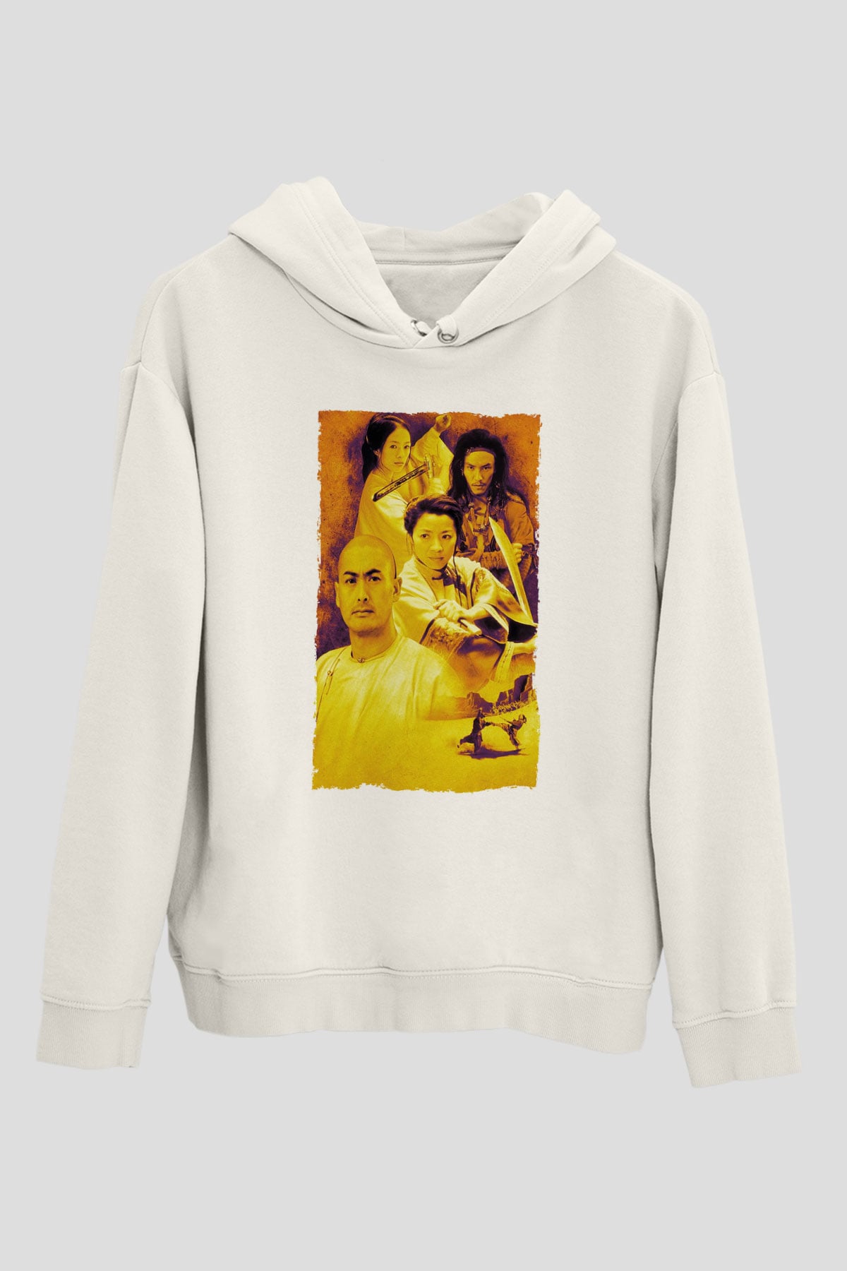 Unisex Kaplan ve Ejderha - Crouching Tiger, Hidden Dragon Baskılı Beyaz Kapüşonlu Sweatshirt
