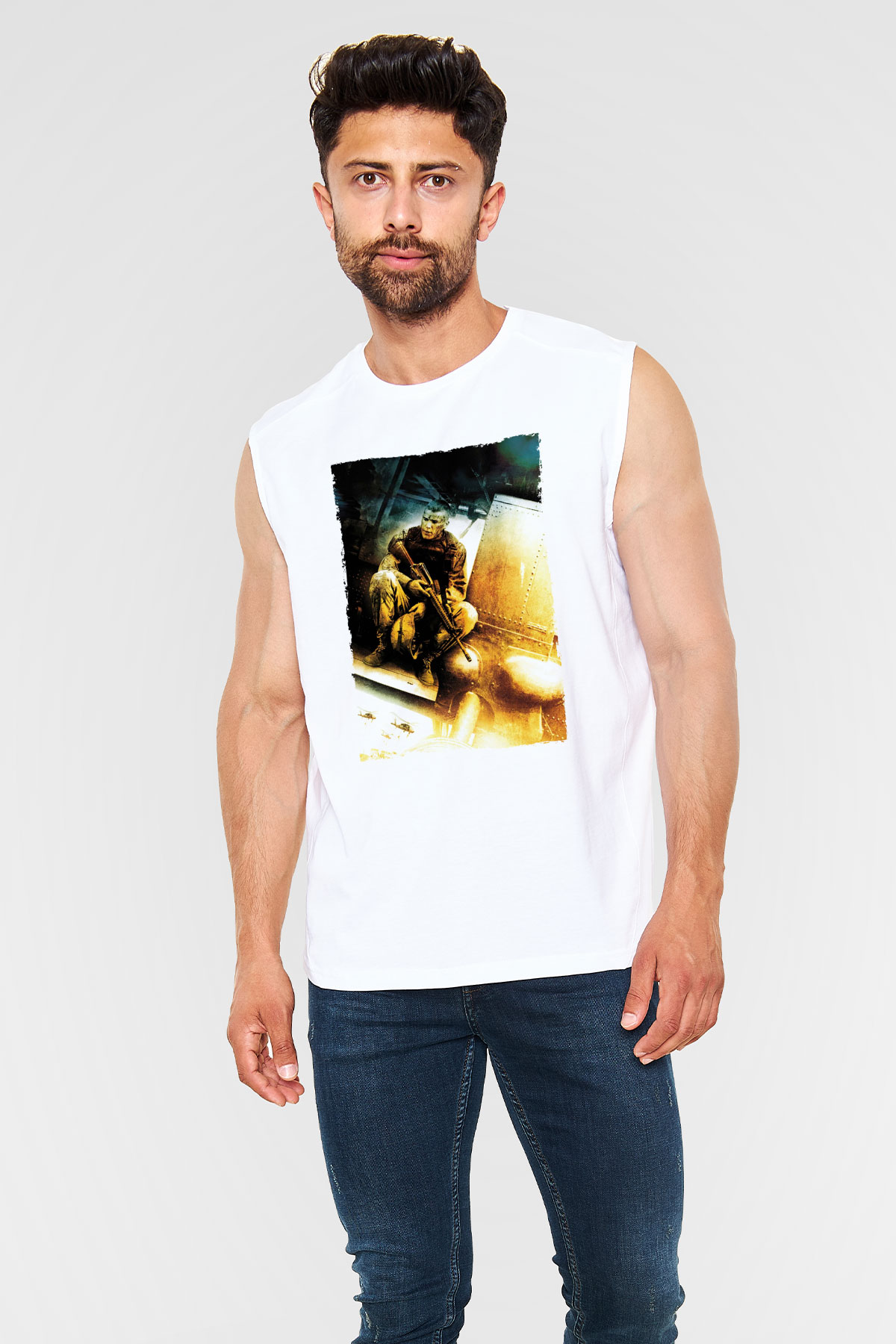 Unisex Kara Şahin Düştü - Black Hawk Down Baskılı Beyaz Kolsuz Tişört