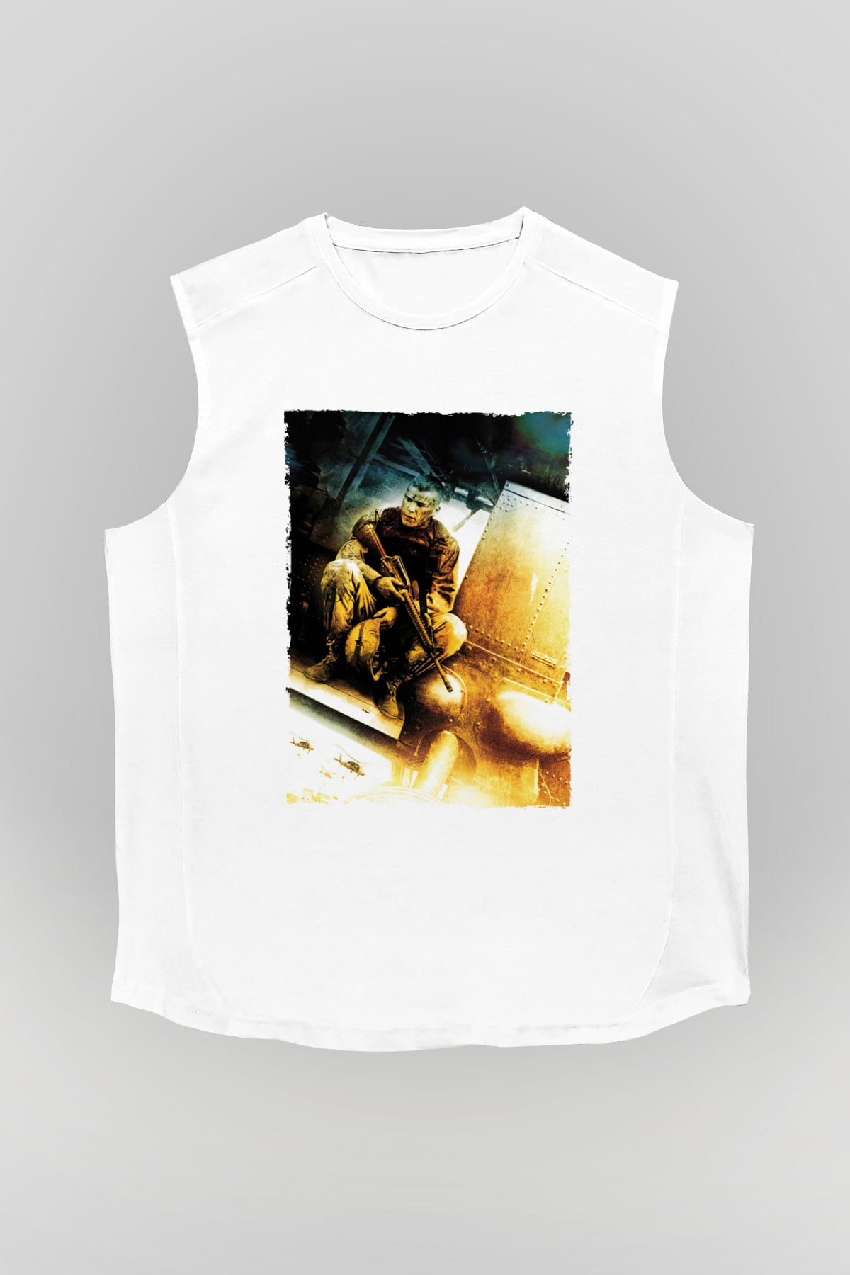 Unisex Kara Şahin Düştü - Black Hawk Down Baskılı Beyaz Kolsuz Tişört