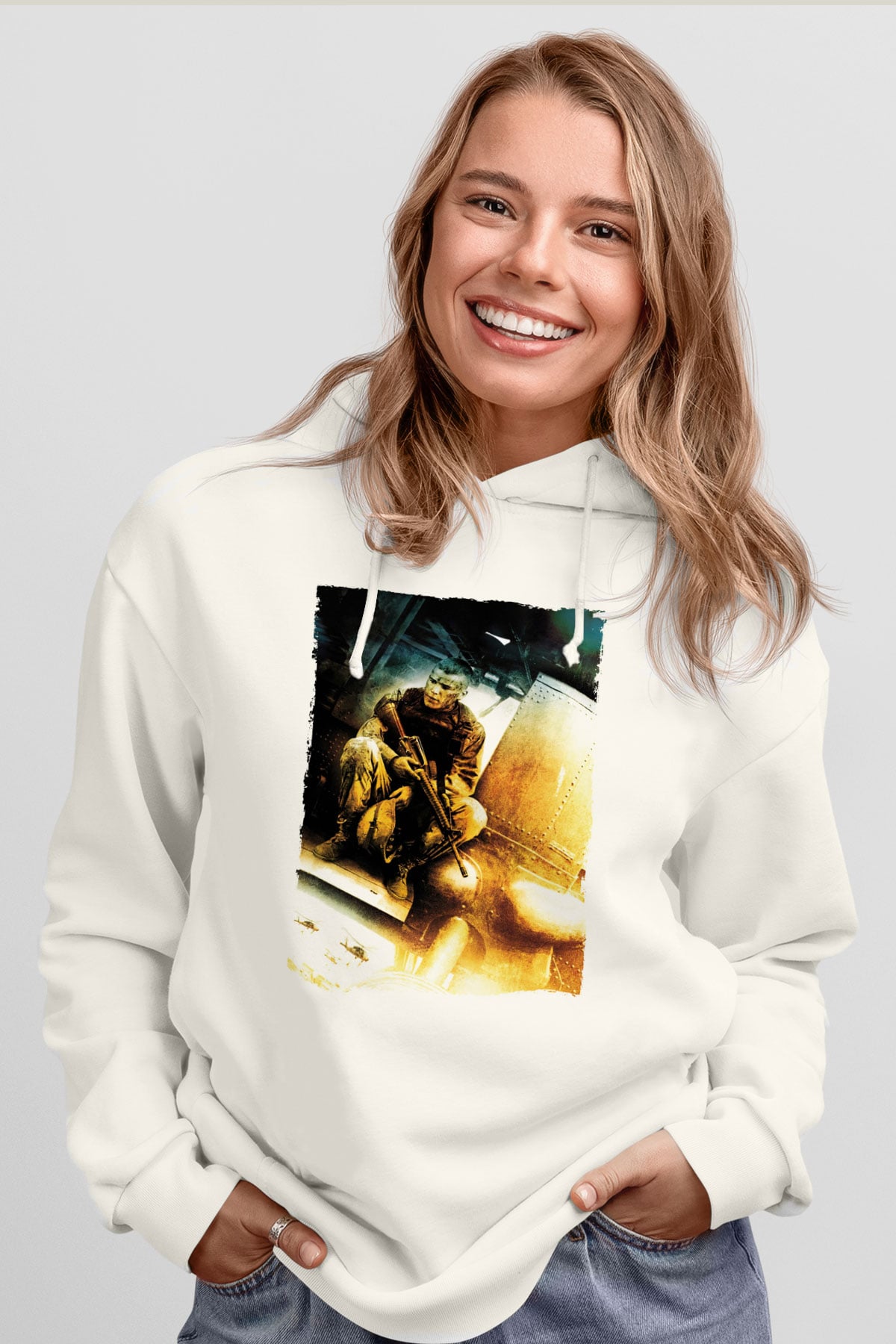 Unisex Kara Şahin Düştü - Black Hawk Down Baskılı Beyaz Kapüşonlu Sweatshirt