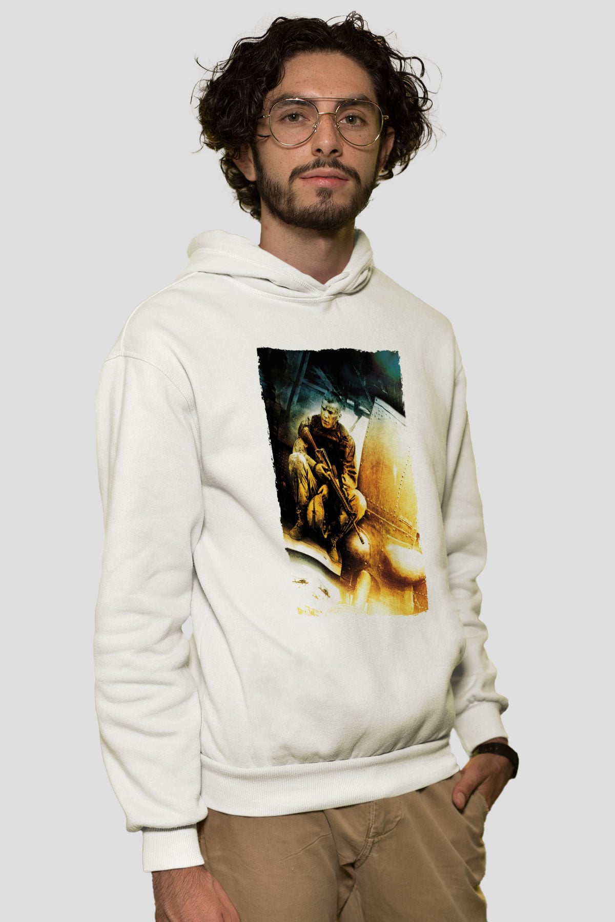 Unisex Kara Şahin Düştü - Black Hawk Down Baskılı Beyaz Kapüşonlu Sweatshirt