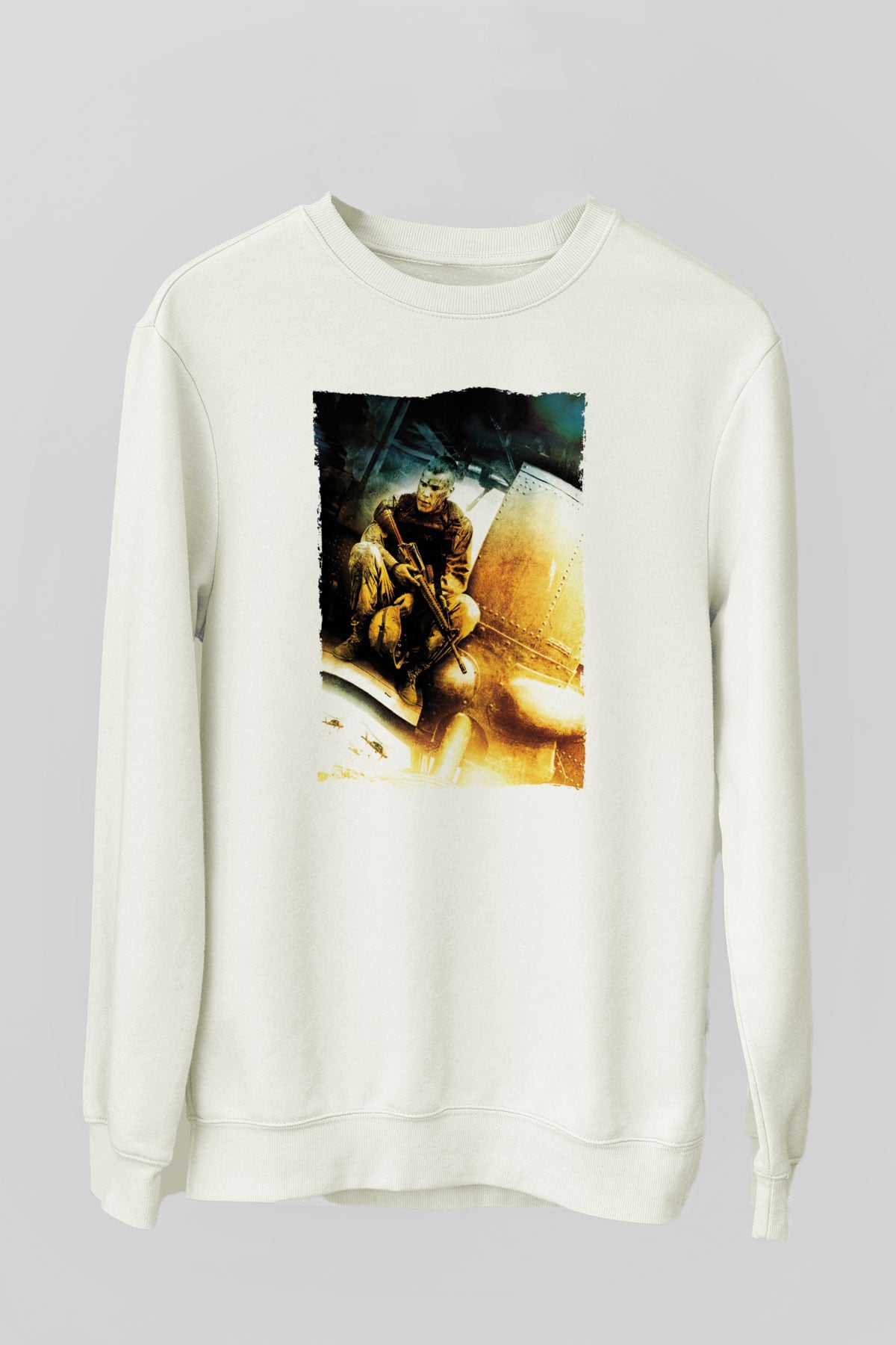 Unisex Kara Şahin Düştü - Black Hawk Down Baskılı Beyaz Sweatshirt