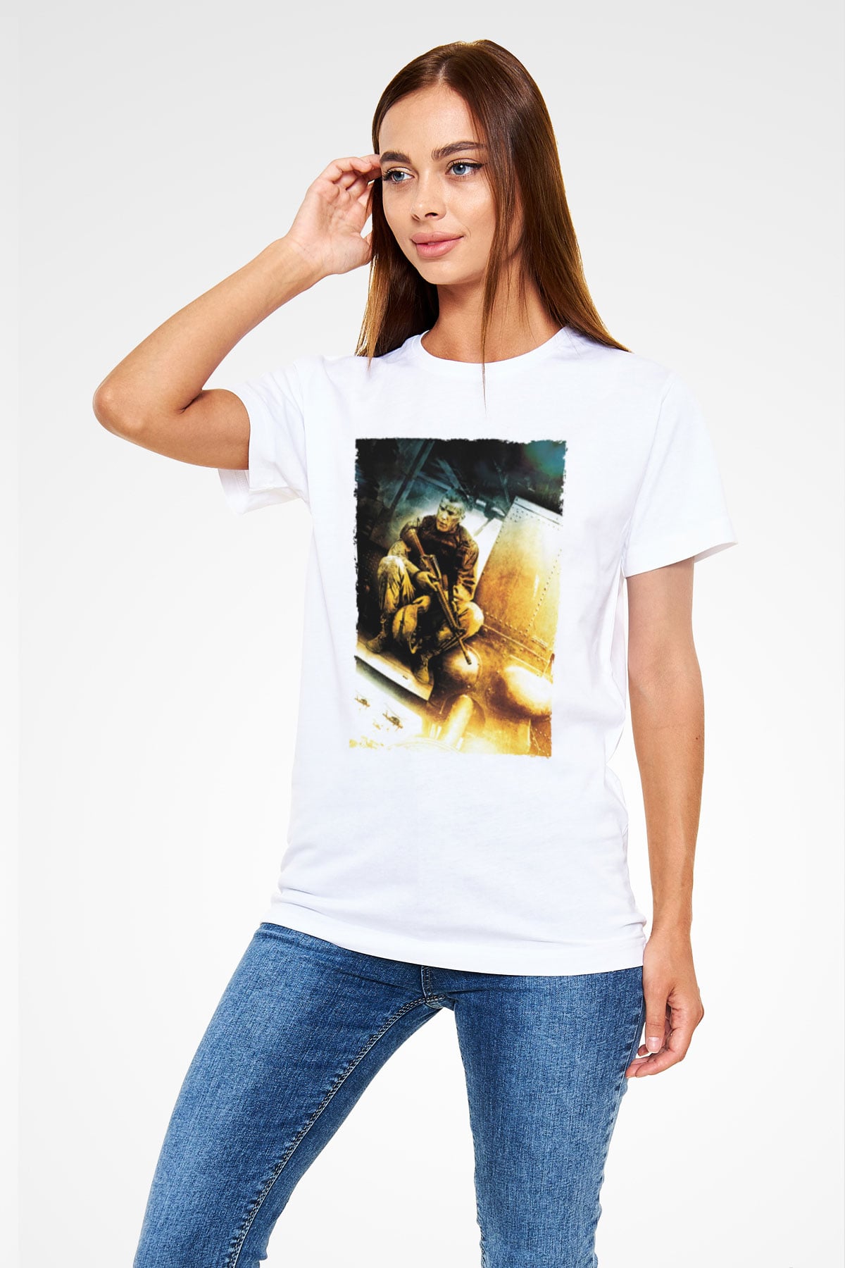 Unisex Kara Şahin Düştü - Black Hawk Down Baskılı Beyaz Tişört