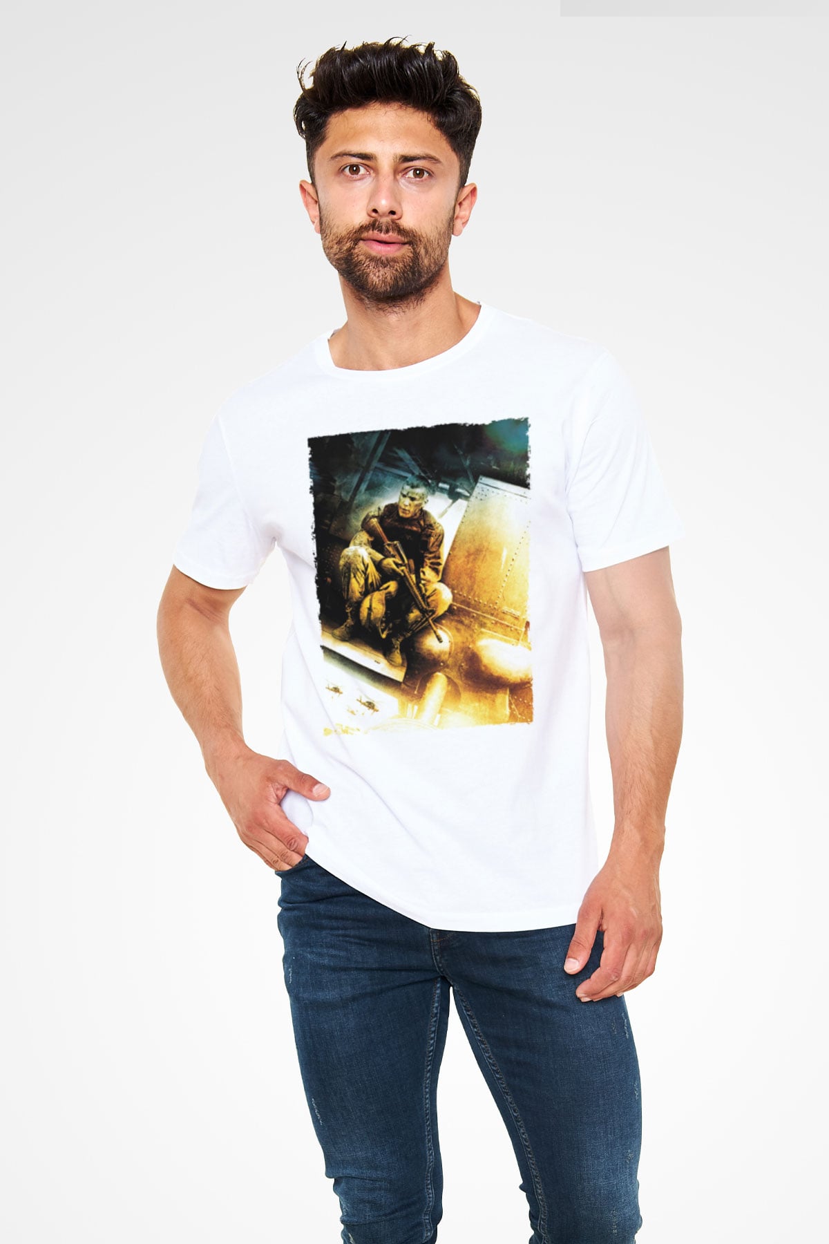 Unisex Kara Şahin Düştü - Black Hawk Down Baskılı Beyaz Tişört