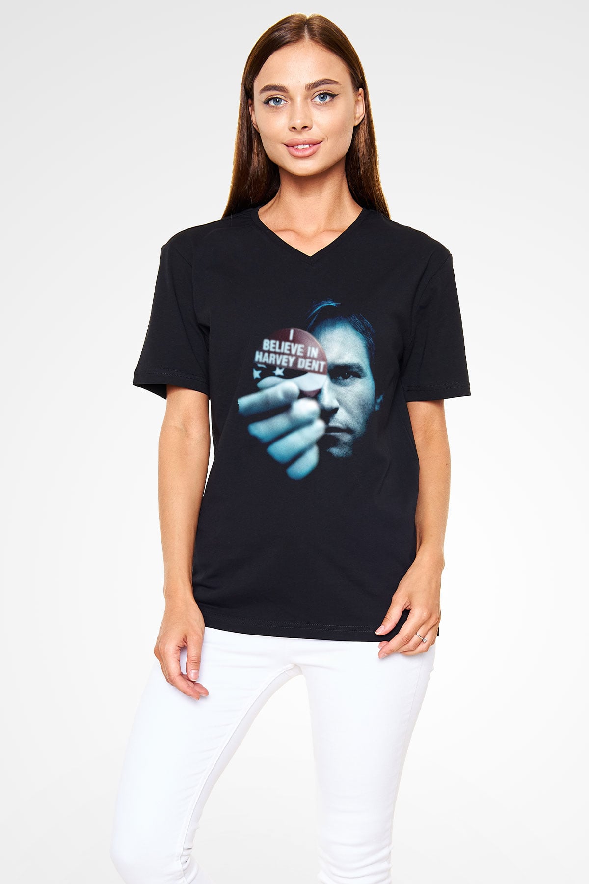 Unisex Kara Şövalye (The Dark Knight) Baskılı Siyah V Yaka T-shirt