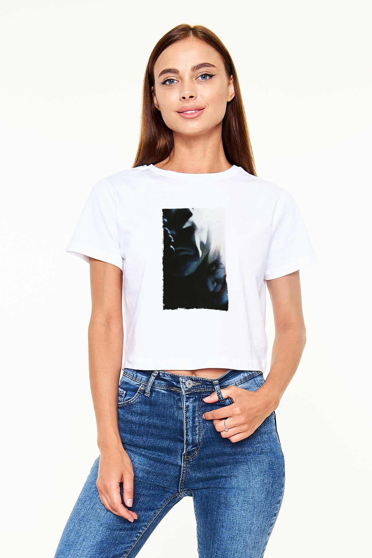 Unisex Kara Şövalye (The Dark Knight) Baskılı Beyaz Crop Top T-shirt
