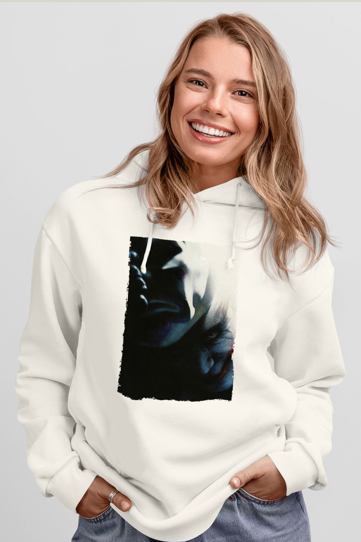 Unisex Kara Şövalye (The Dark Knight) Baskılı Beyaz Kapüşonlu Sweatshirt