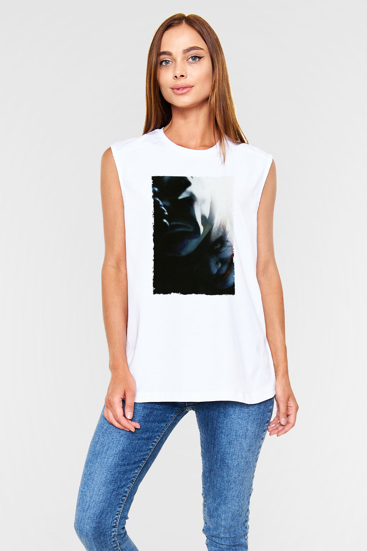 Unisex Kara Şövalye (The Dark Knight) Baskılı Beyaz Kolsuz T-shirt