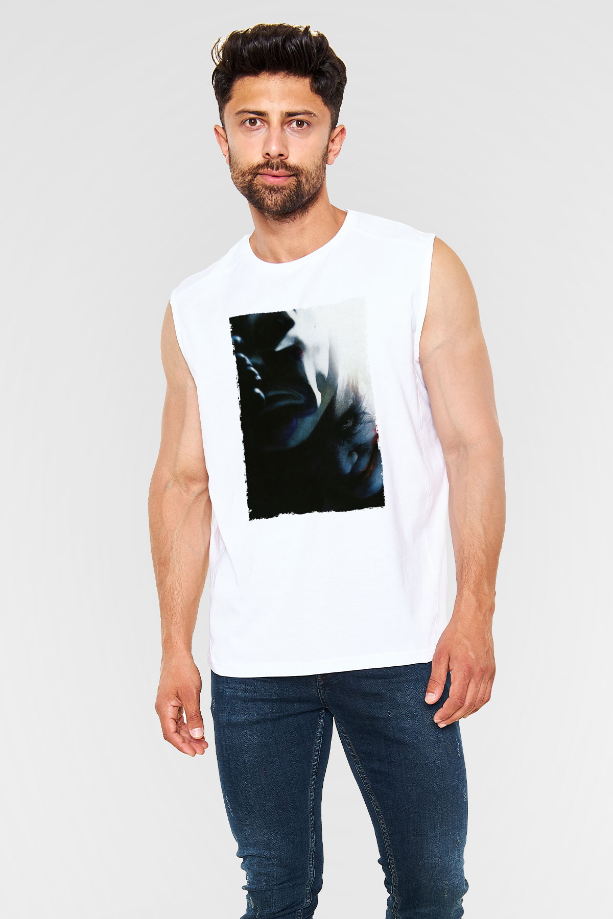 Unisex Kara Şövalye (The Dark Knight) Baskılı Beyaz Kolsuz T-shirt