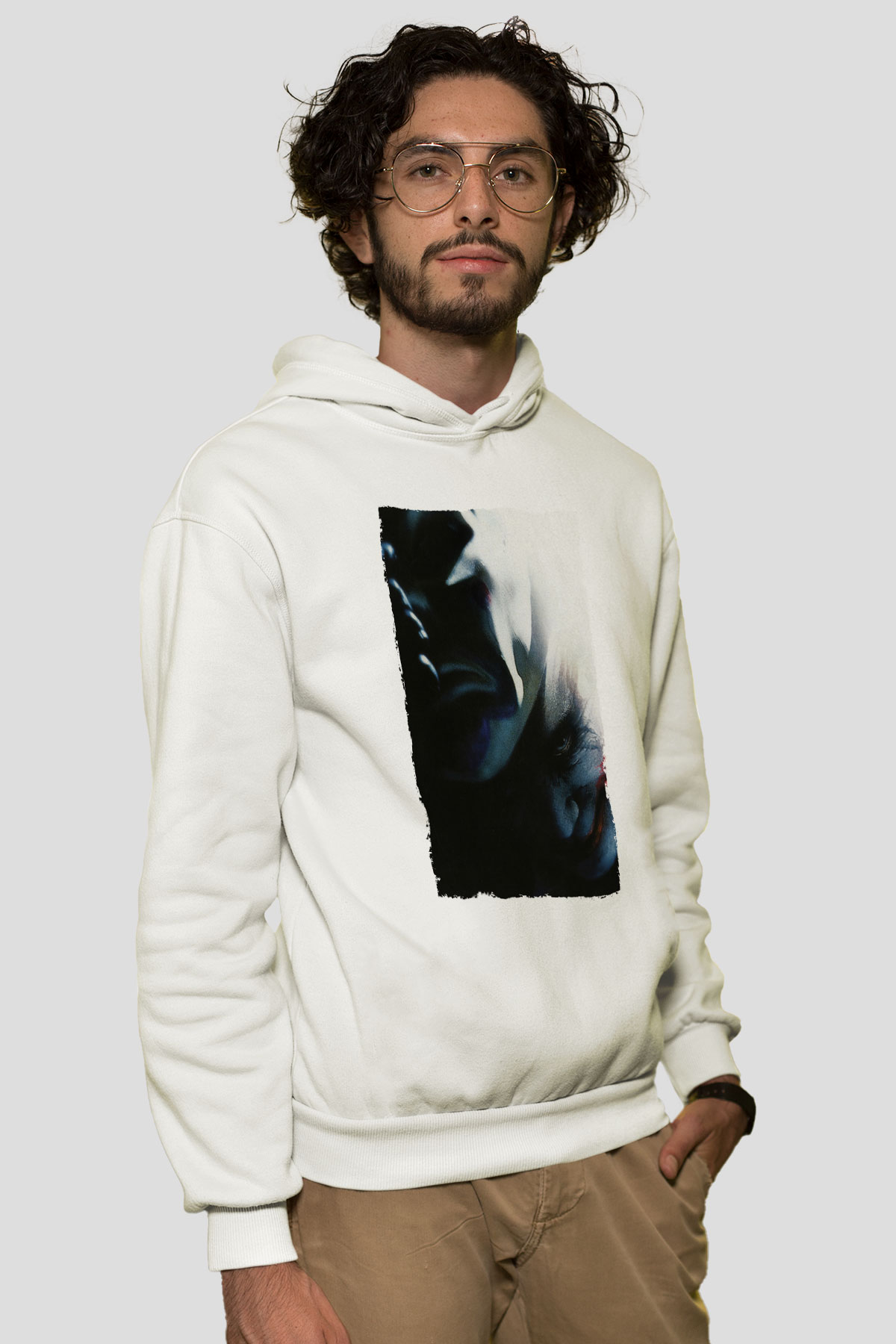 Unisex Kara Şövalye (The Dark Knight) Baskılı Beyaz Kapüşonlu Sweatshirt