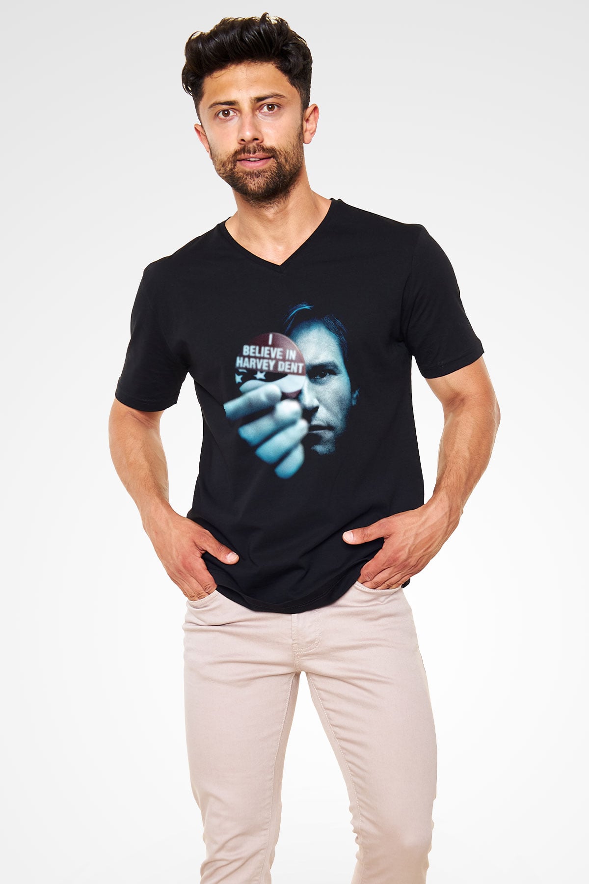 Unisex Kara Şövalye (The Dark Knight) Baskılı Siyah V Yaka T-shirt