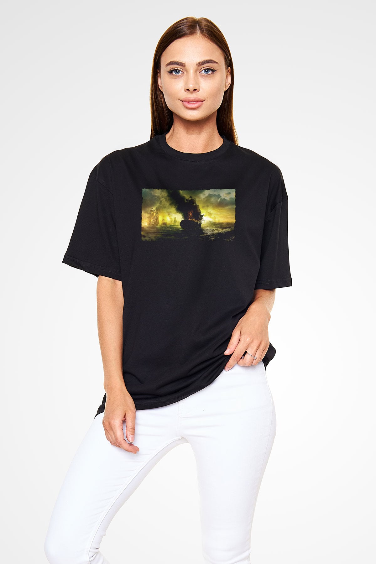 Unisex Karayip Korsanları Gizemli Denizlerde (Pirates of the Caribbean On Stranger Tides) Baskılı Siyah Unisex Oversize Tişört