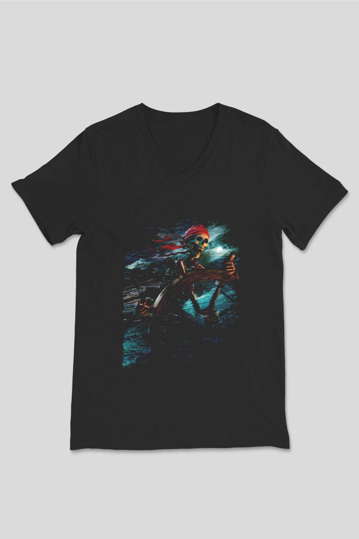 Unisex Karayip Korsanları (Pirates of the Caribbean) Baskılı Siyah Unisex V Yaka Tshirt