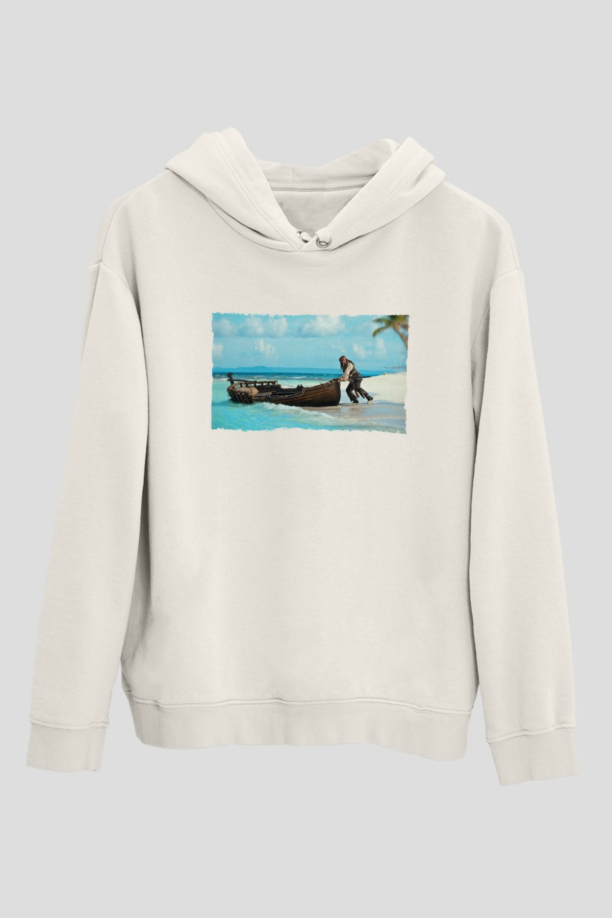 Unisex Karayip Korsanları (Pirates of the Caribbean) Baskılı Beyaz Kapüşonlu Sweatshirt