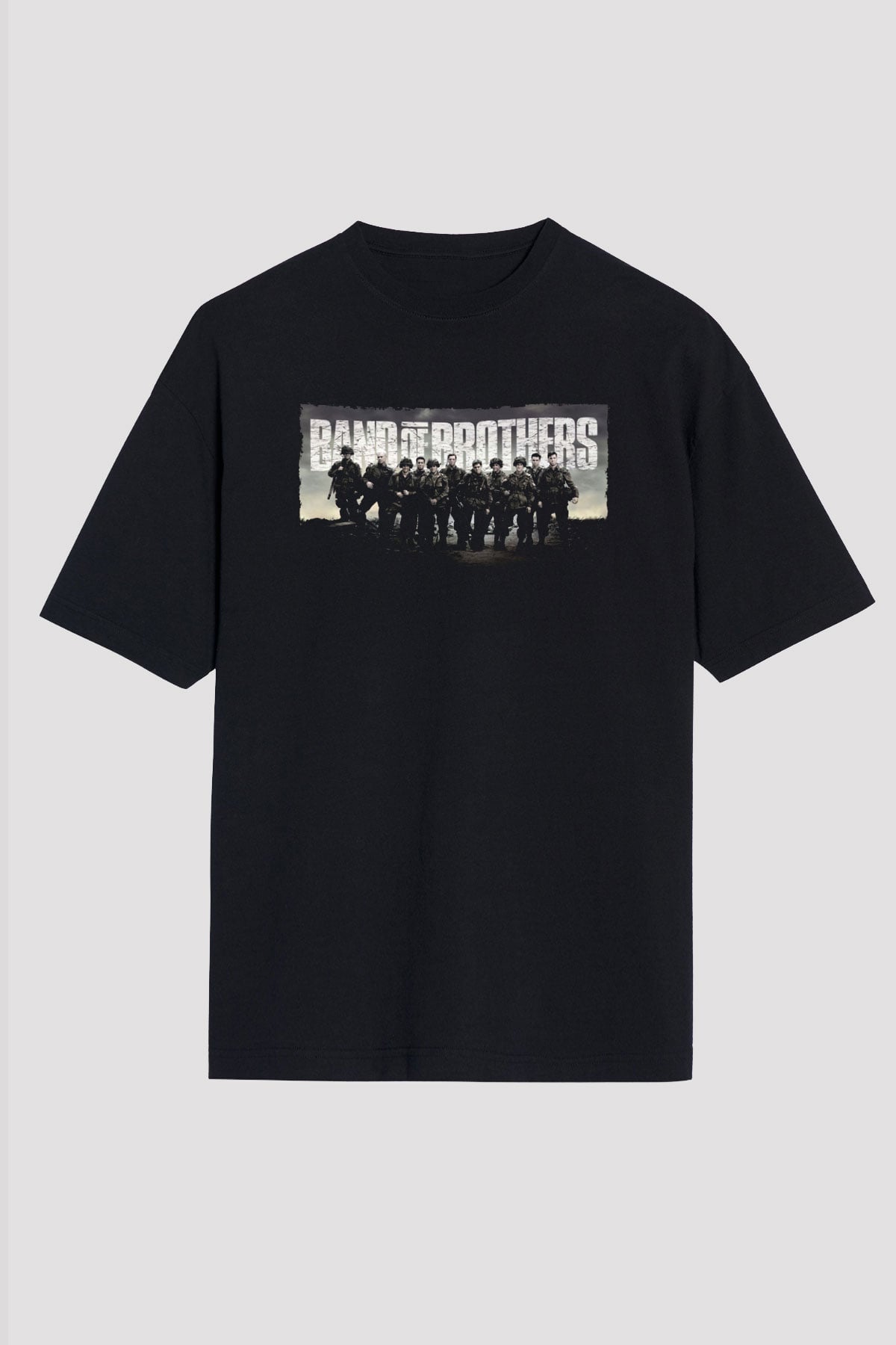 Unisex Kardeşler Takımı (Band of Brothers) Baskılı Siyah Oversize Tshirt