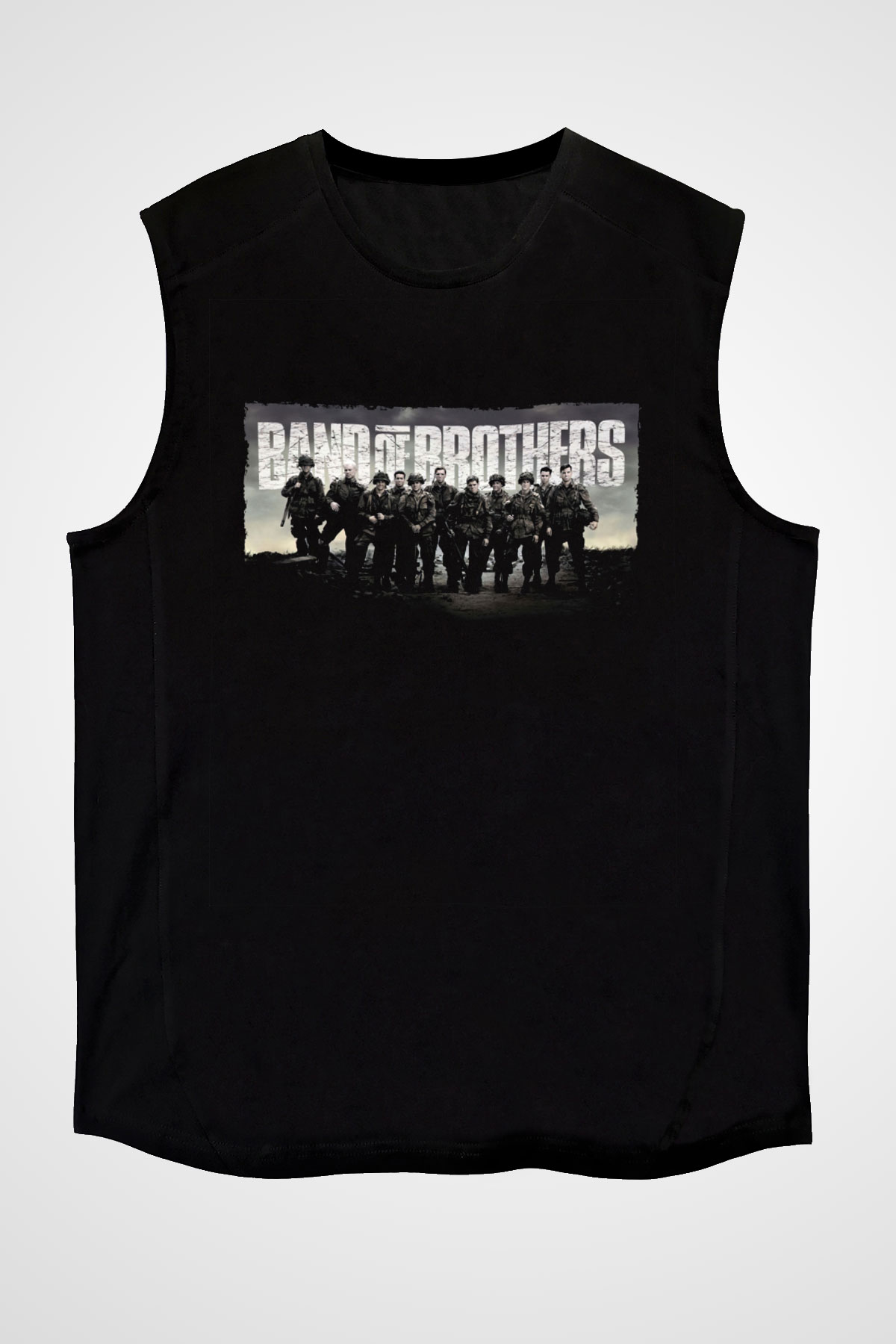 Unisex Kardeşler Takımı (Band of Brothers) Baskılı Siyah Kolsuz Tshirt